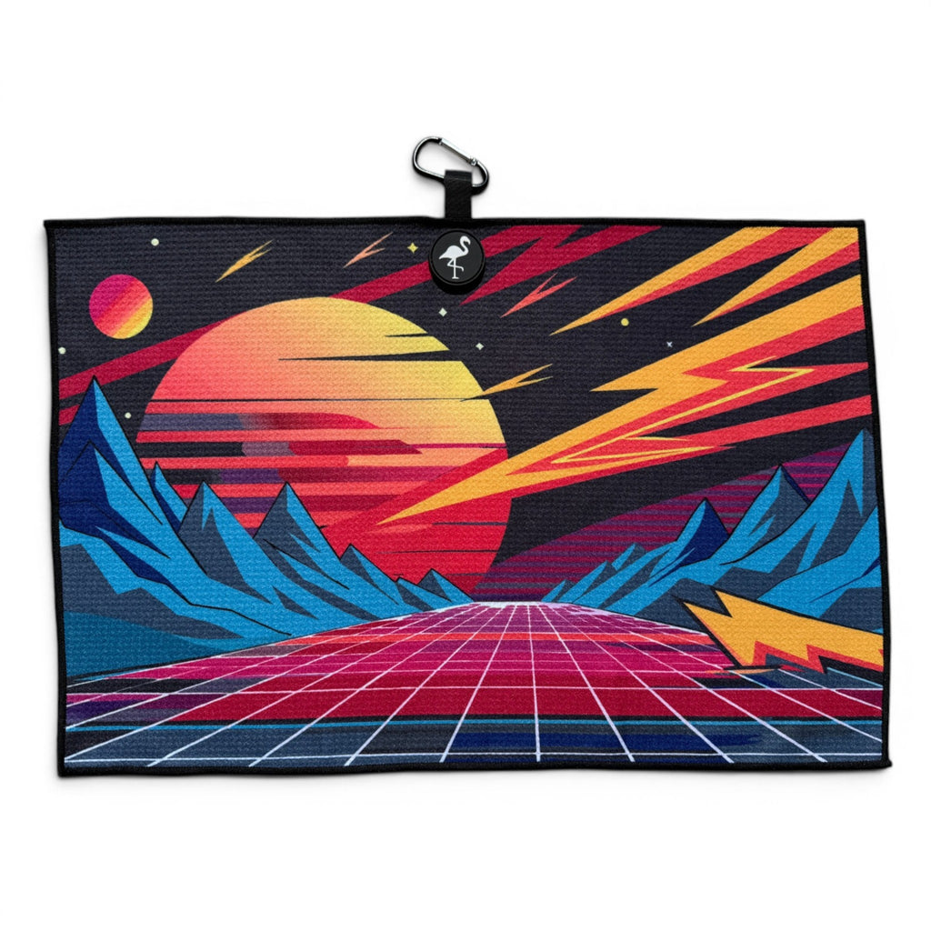 Retroscape Golf Towel | 24” x 16” Microfiber Towel | Magnetic Clip & Carabiner | Premium Golf Accessory | Sunset Mountain Drive