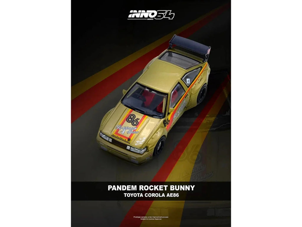 Toyota Levin (AE86) RHD (Right Hand Drive) #86 "Pandem Rocket Bunny" Gold Metallic with Stripes 1/64 Diecast Model Car by Inno Models