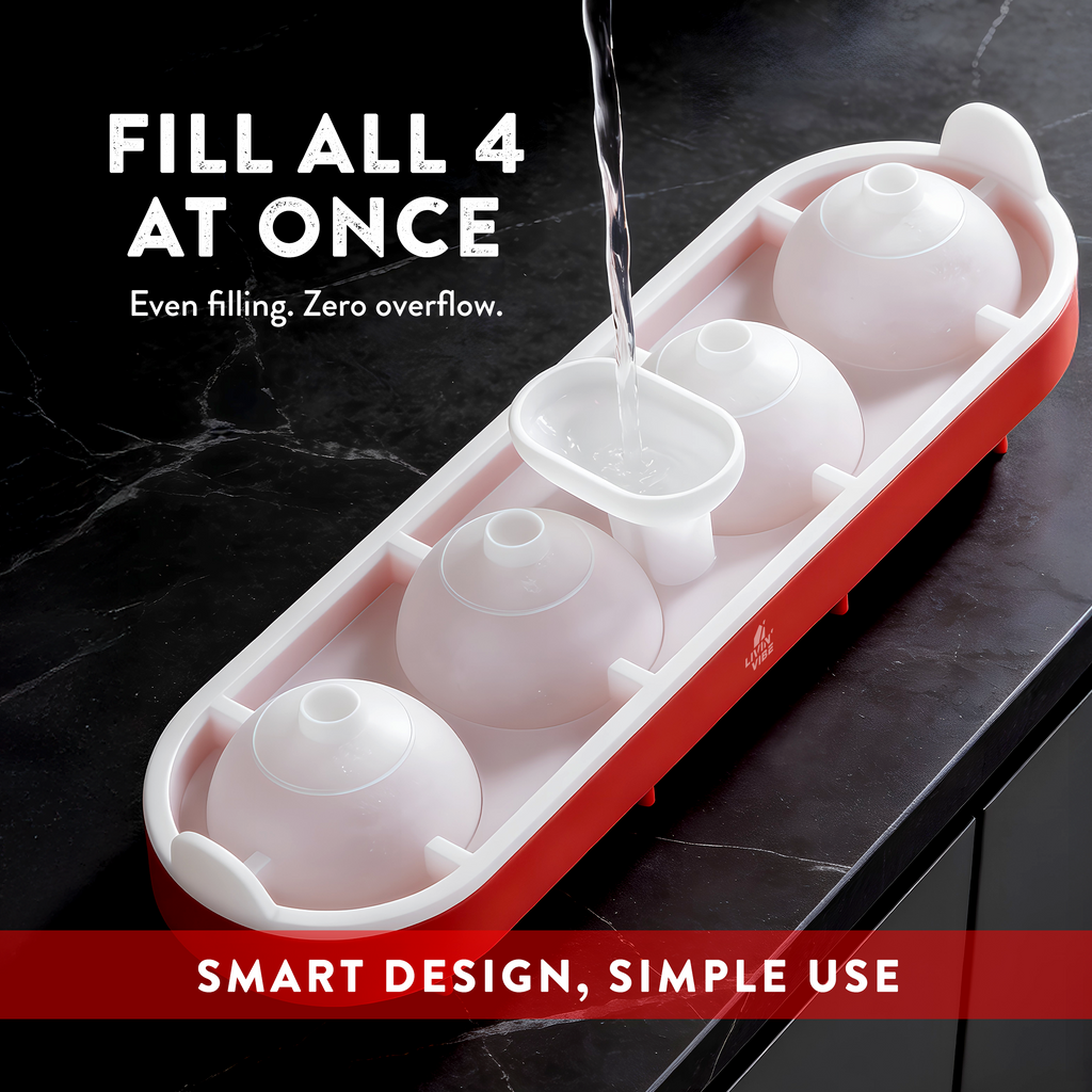 LIVINVIBE Silicone Ice Ball Mold with Lid – 4 Large Whiskey Ice Spheres, One-Pour Funnel Design, BPA-Free Flexible Ice Tray for Cocktails, Coffee & Drinks