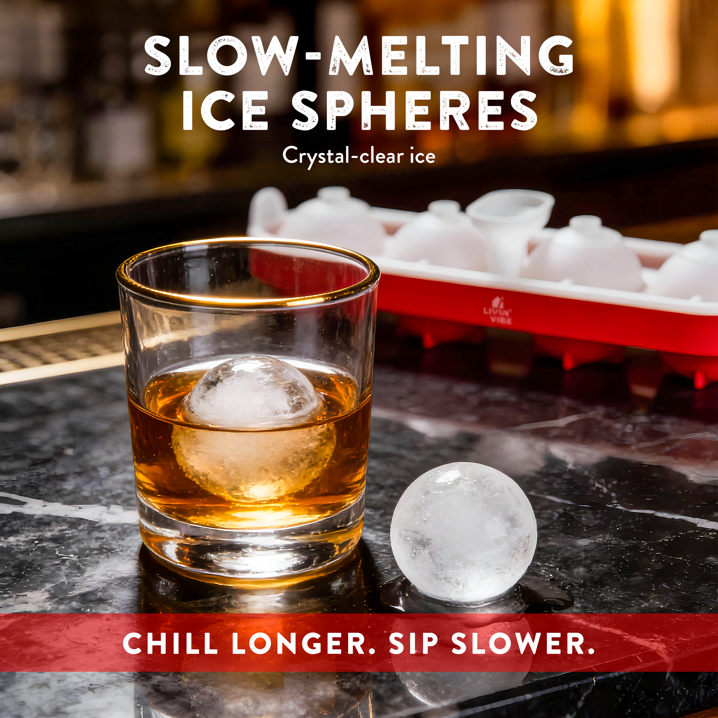 LIVINVIBE Silicone Ice Ball Mold with Lid – 4 Large Whiskey Ice Spheres, One-Pour Funnel Design, BPA-Free Flexible Ice Tray for Cocktails, Coffee & Drinks
