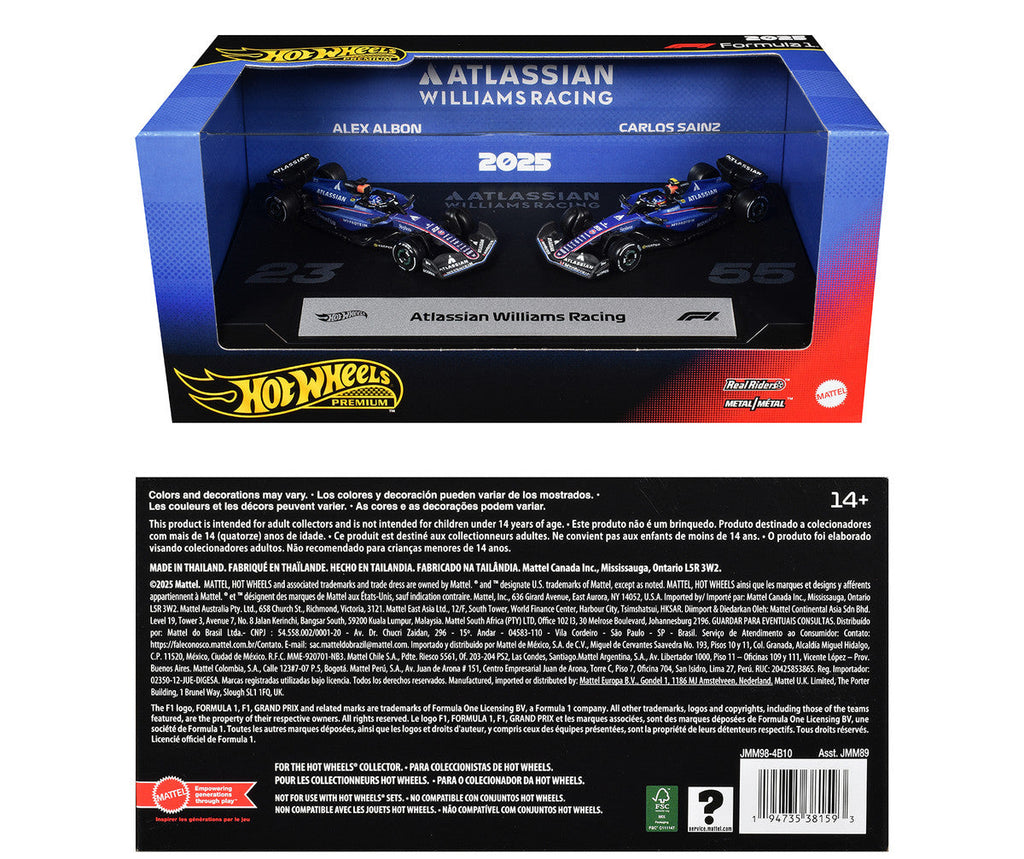 "Atlassian Williams Racing" Formula One F1 World Championship (2025) 2 Piece Set Diecast Model Cars by Hot Wheels