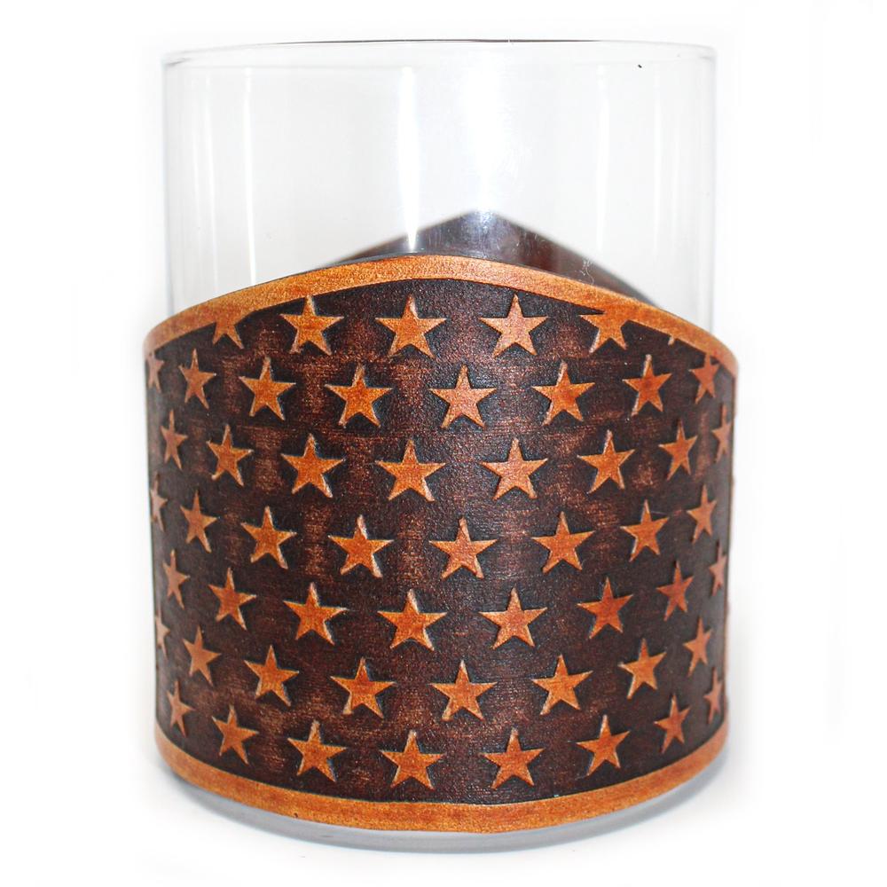 Whiskey Glass Leather Wrap - Stars and Stripes Horizontal Rocks Glass