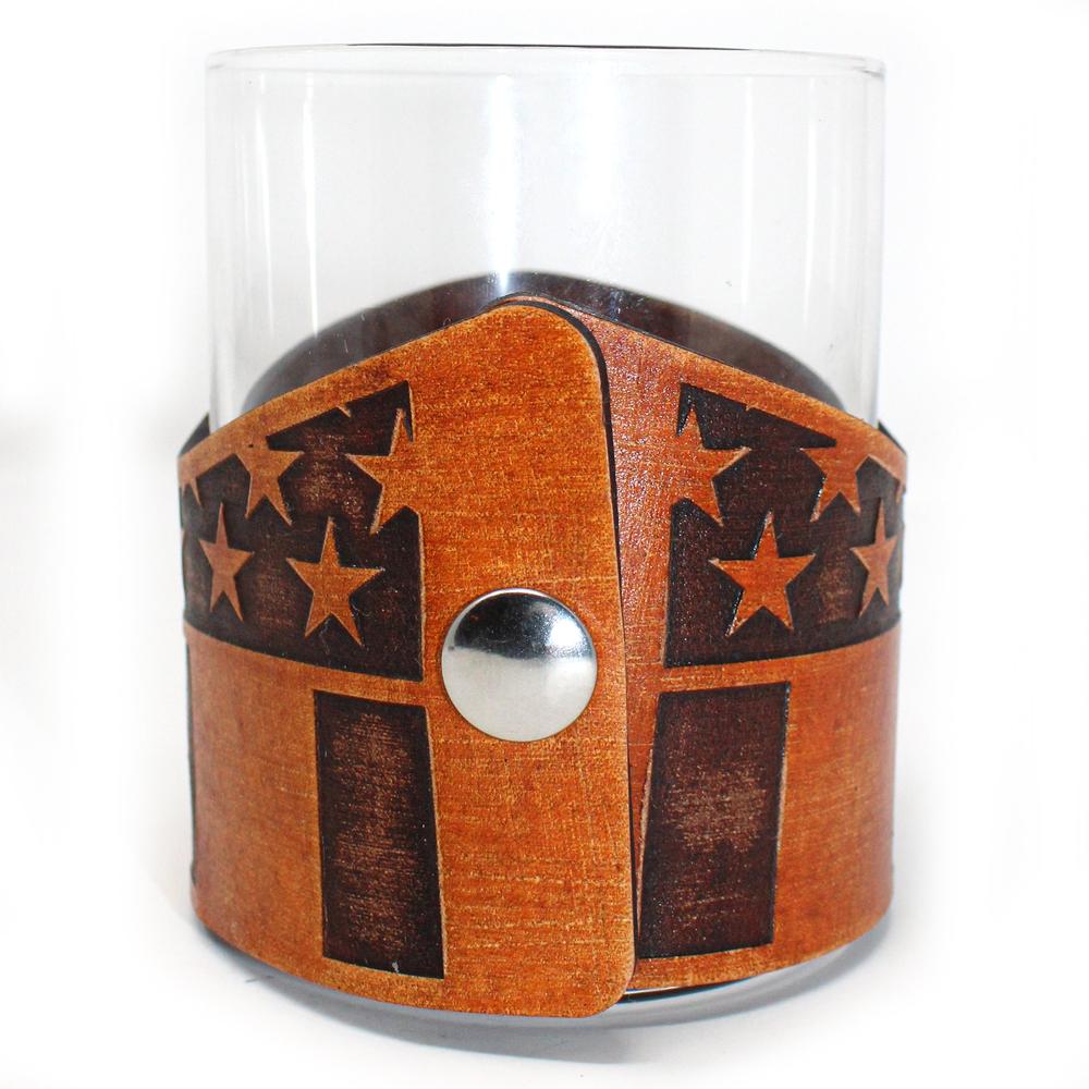 Whiskey Glass Leather Wrap - Stars and Stripes Vertical Rocks Glass