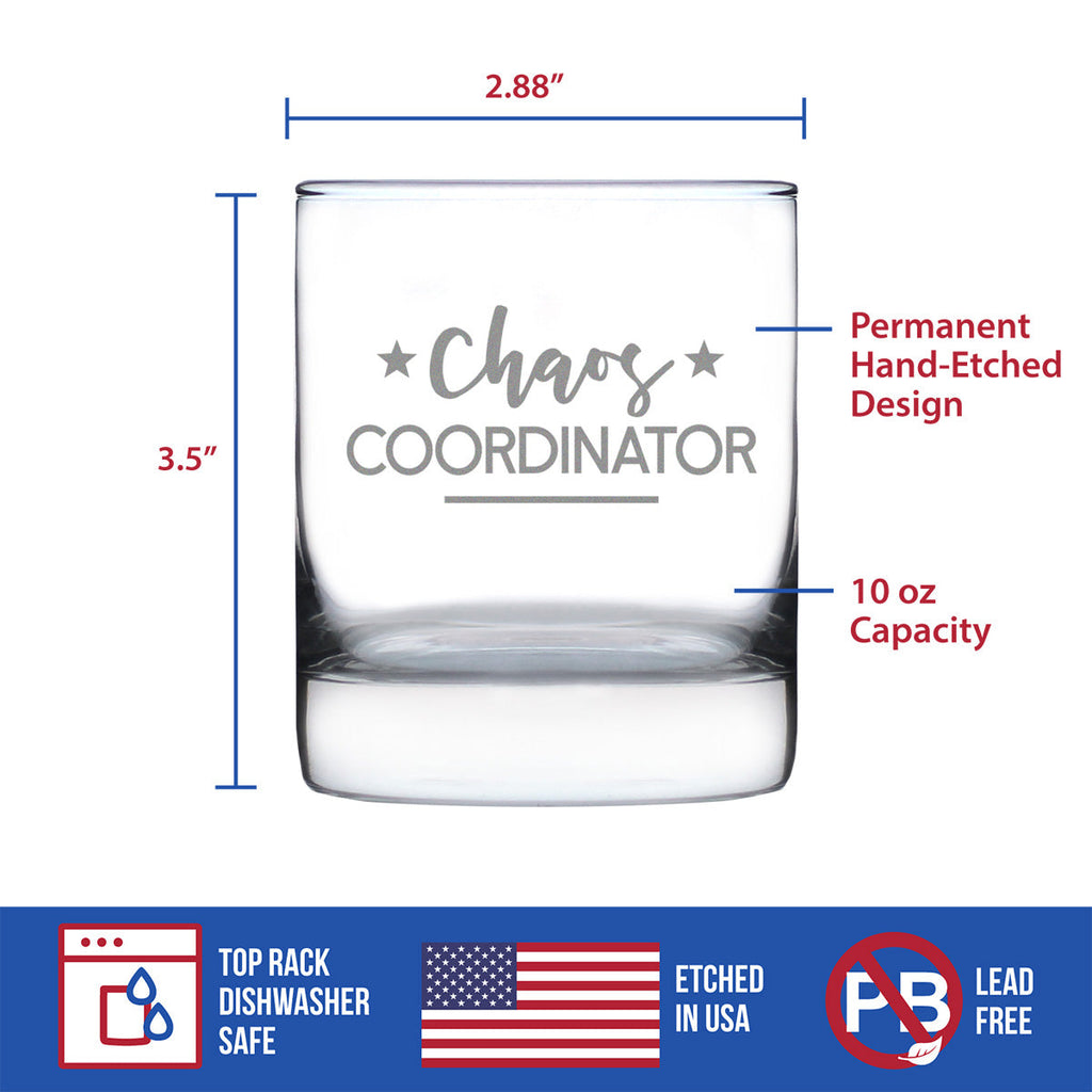 Chaos Coordinator - Whiskey Rocks Glass Gifts - Funny Gifts for Secretaries, Moms, and Teachers - 10.25 Oz Glasses