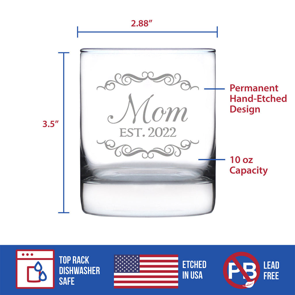 Mom Est 2022 - New Mother Whiskey Rocks Glass Gift for First Time Parents - Decorative 10.25 Oz Glasses
