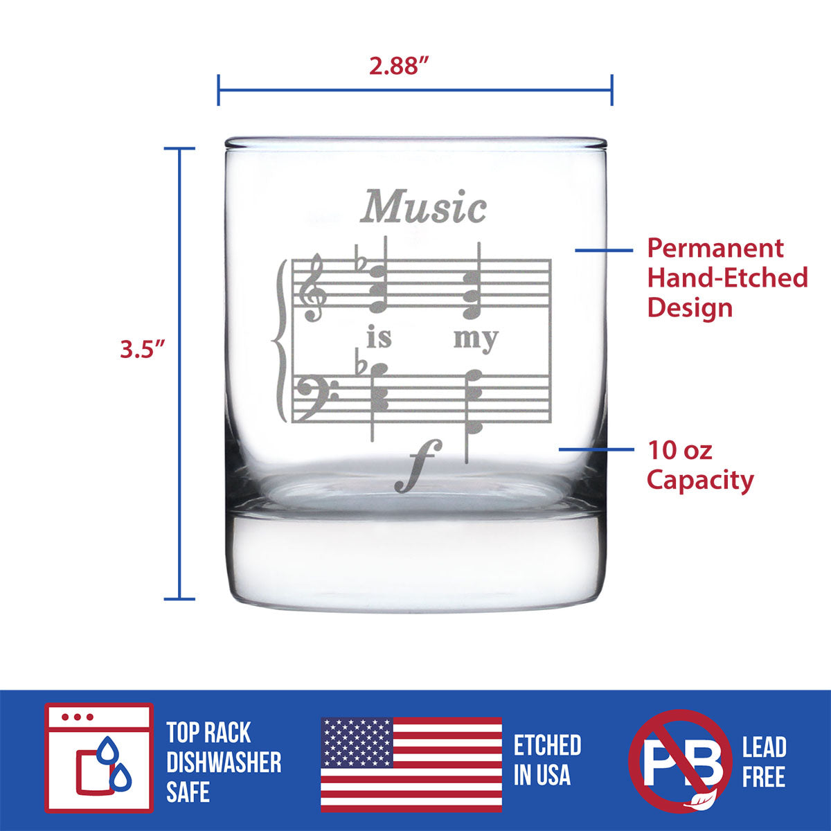 Music Is My Forte - Whiskey Rocks Glass - Funny Musician Gifts and Musical Accessories - 10.25 Oz Glasses