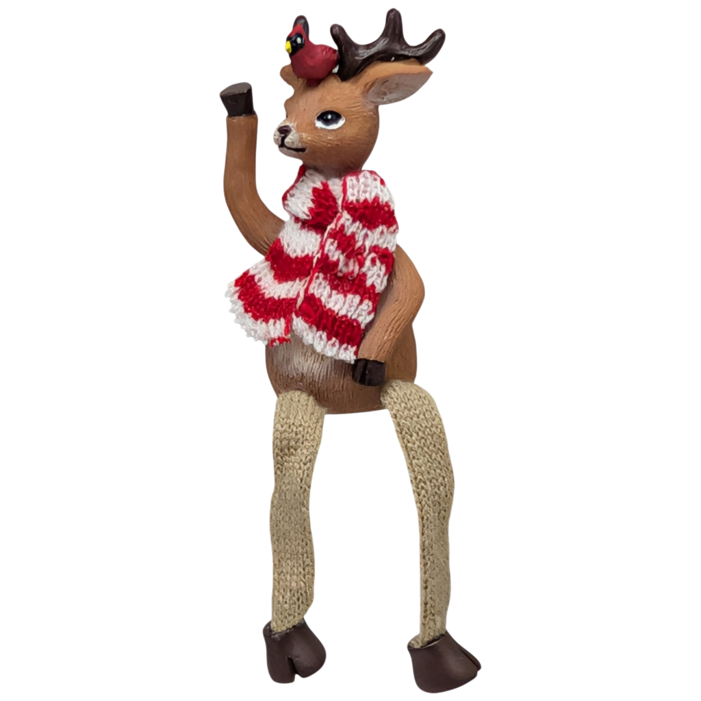 Red and White Striped Scarf with Cardinal Reindeer Shelfsitter