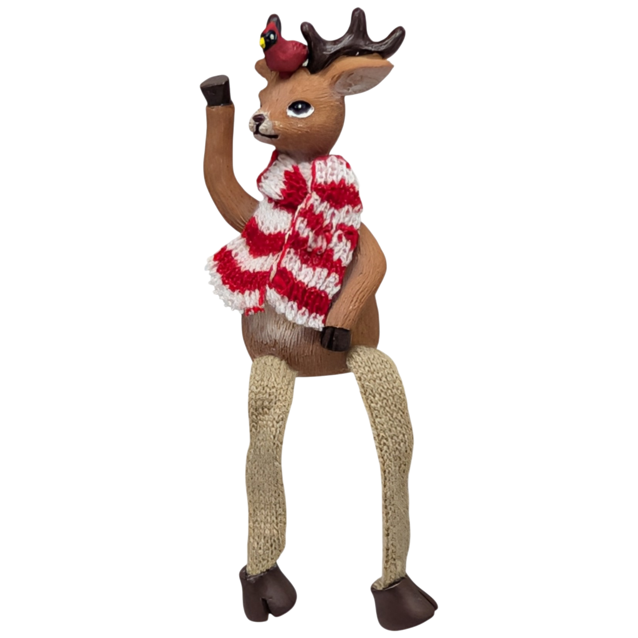 Red and White Striped Scarf with Cardinal Reindeer Shelfsitter