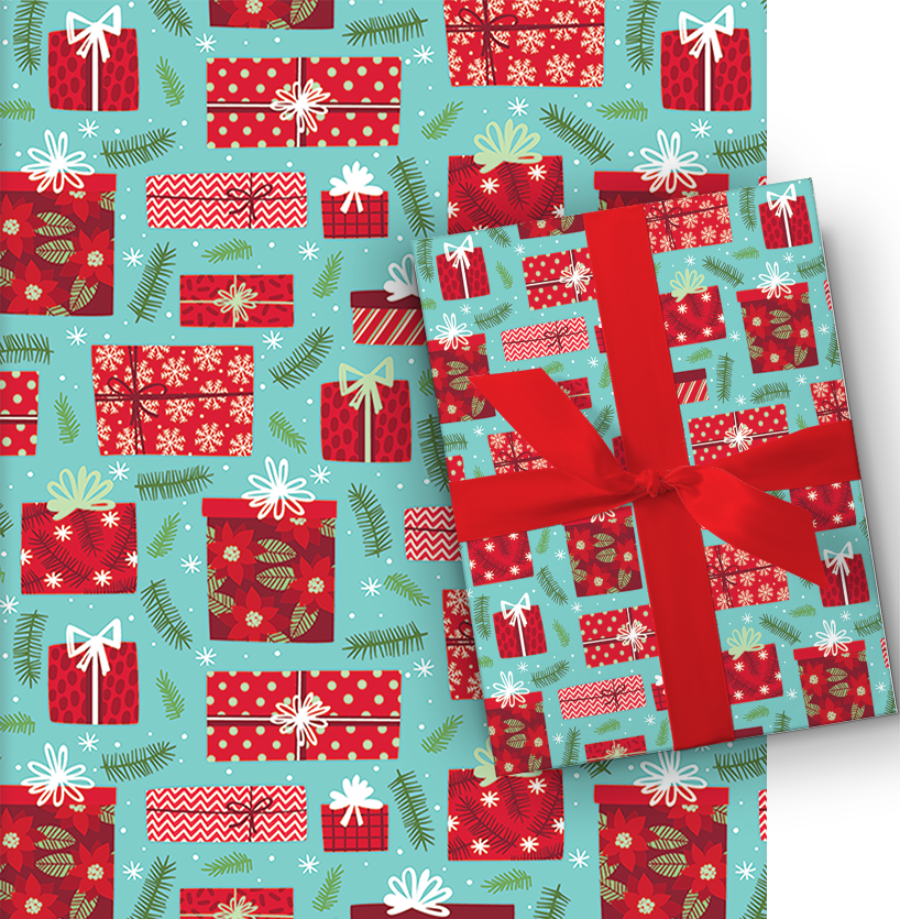 Holiday Whimsical Roll Wrap - 30" x 168" - Presents on Blue