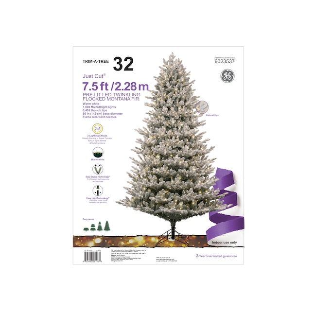 Flocked Montana Fir Christmas Tree with Twinkling Warm White LED Lights - 7.5 Foot