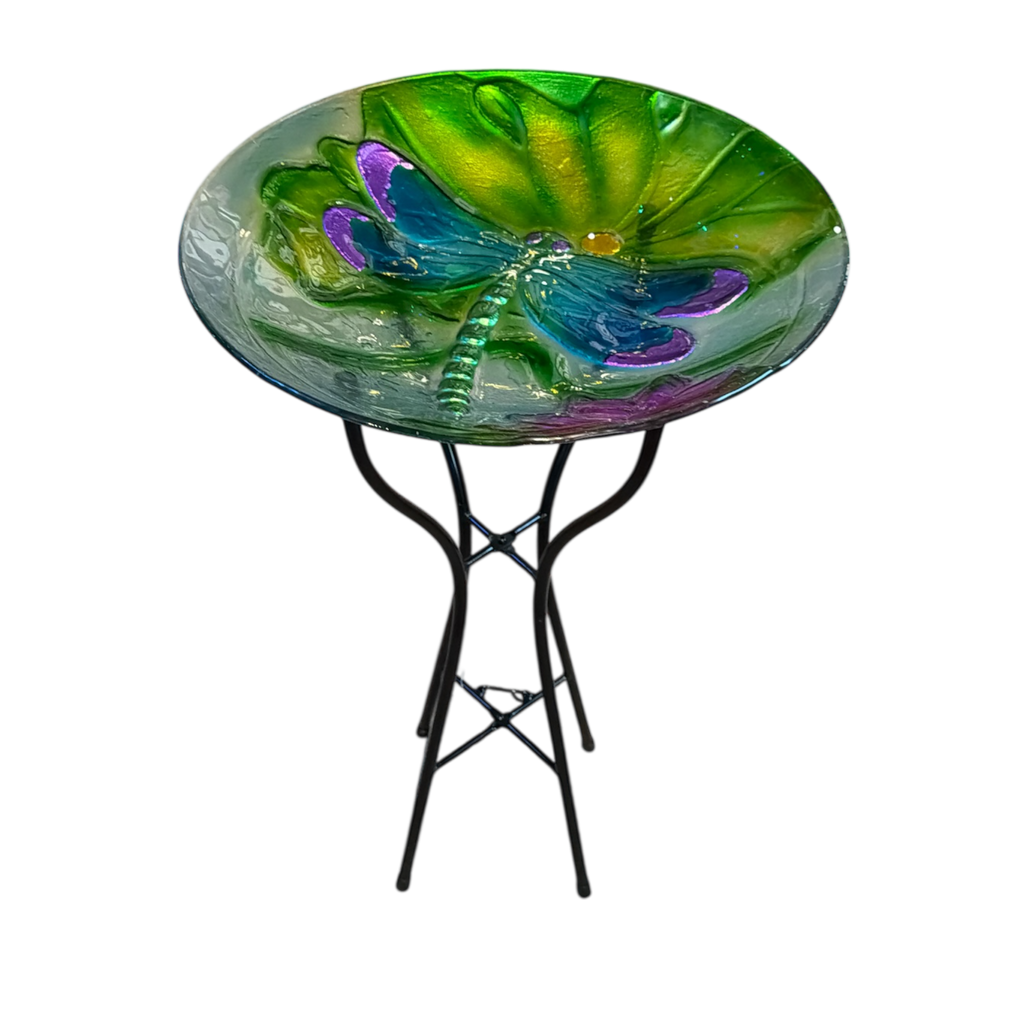 Dragonfly Fused Glass Bird Bath