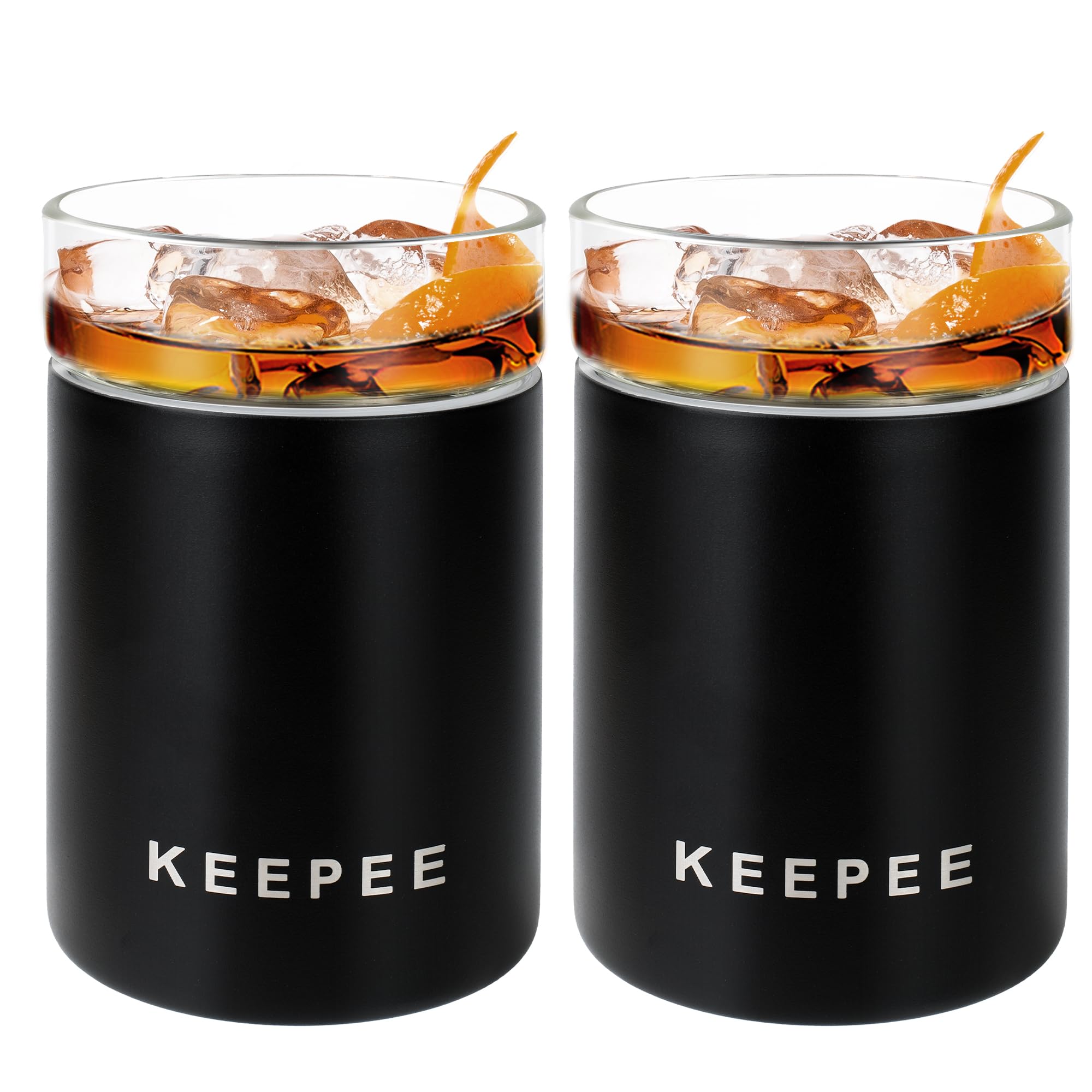 KEEPEE Whiskey Glasses Set of 2 Vacuum Insulated Tumbler with Removable Glass Insert Insulated Cocktail Glass Old Fashioned Lowball Glass for Bourbon Whiskey 10oz Black