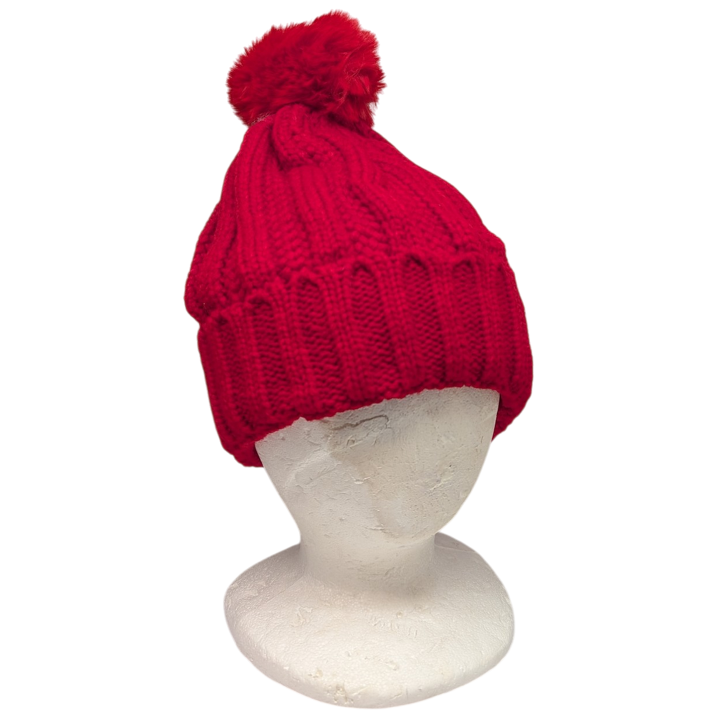 Knit Hat With Three Interchangeable Poms - Red