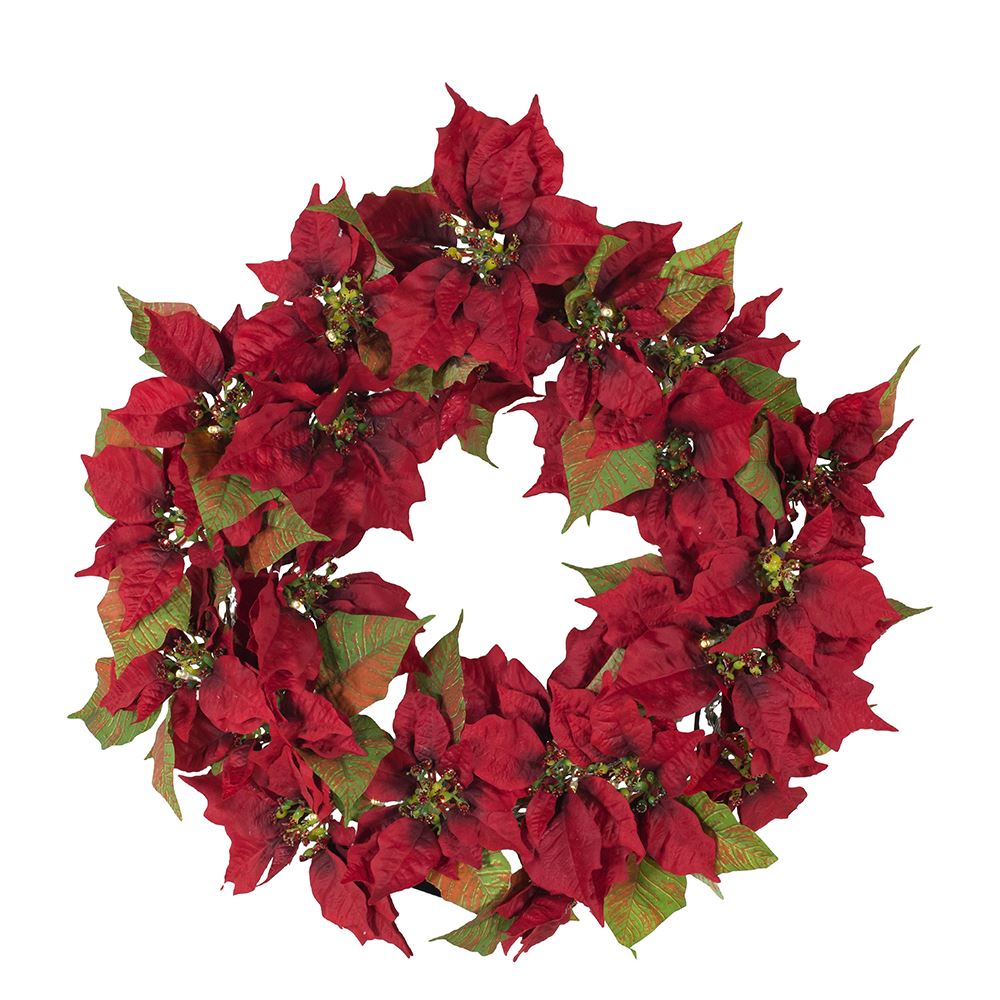 24" Battery-Operated Pre-Lit Red Poinsettia Wreath