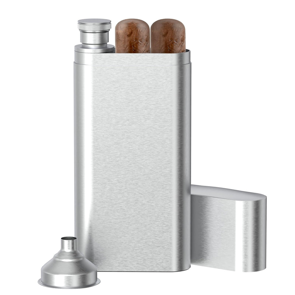 Linkidea Stainless Steel Hip Flask Cigar Holder with Funnel Cigar Case Alcohol Containers for Hiding Portable Cigar Storage Acessories (2 Oz Hip Flask Capacity)