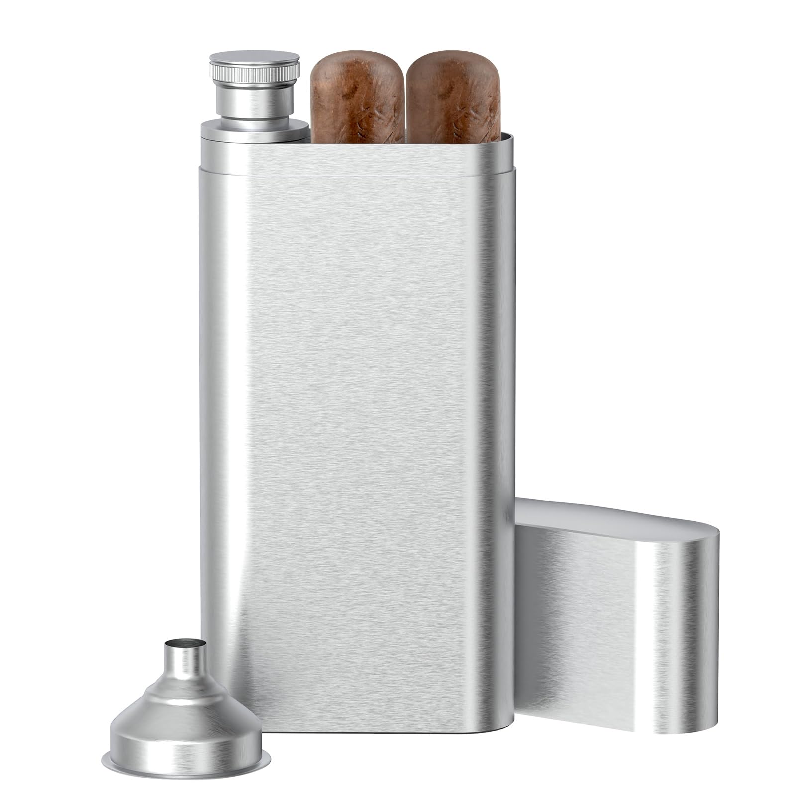 Linkidea Stainless Steel Hip Flask Cigar Holder with Funnel Cigar Case Alcohol Containers for Hiding Portable Cigar Storage Acessories (2 Oz Hip Flask Capacity)