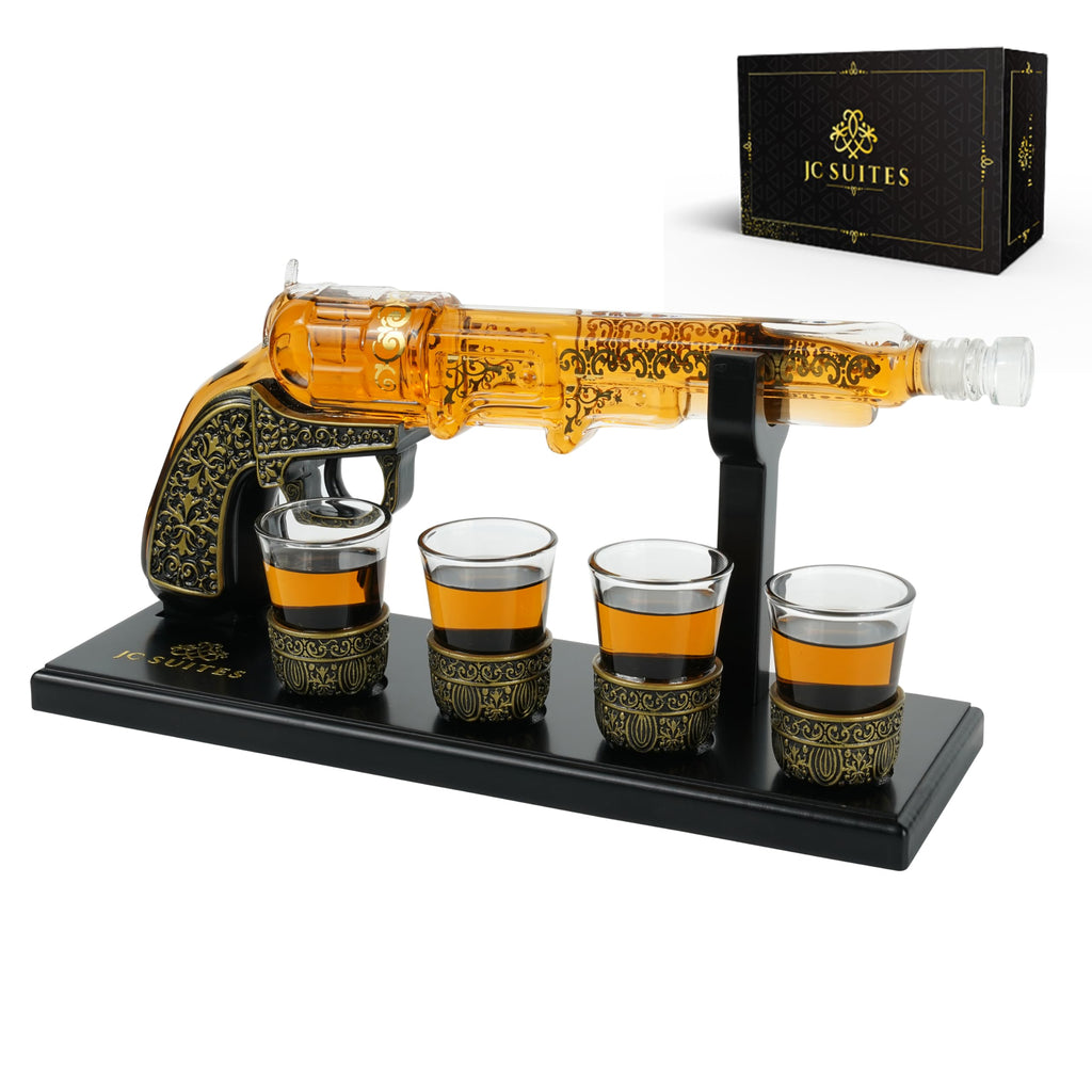Luxury Gun Decanter Set with 4 Shot Glasses & Gift Box - Unique Gun Whiskey Decanter Sets for Men - Gun Liquor Dispenser Bottle - Tequila Whiskey Decanter Gun Gifts For Dad Gifts For Men
