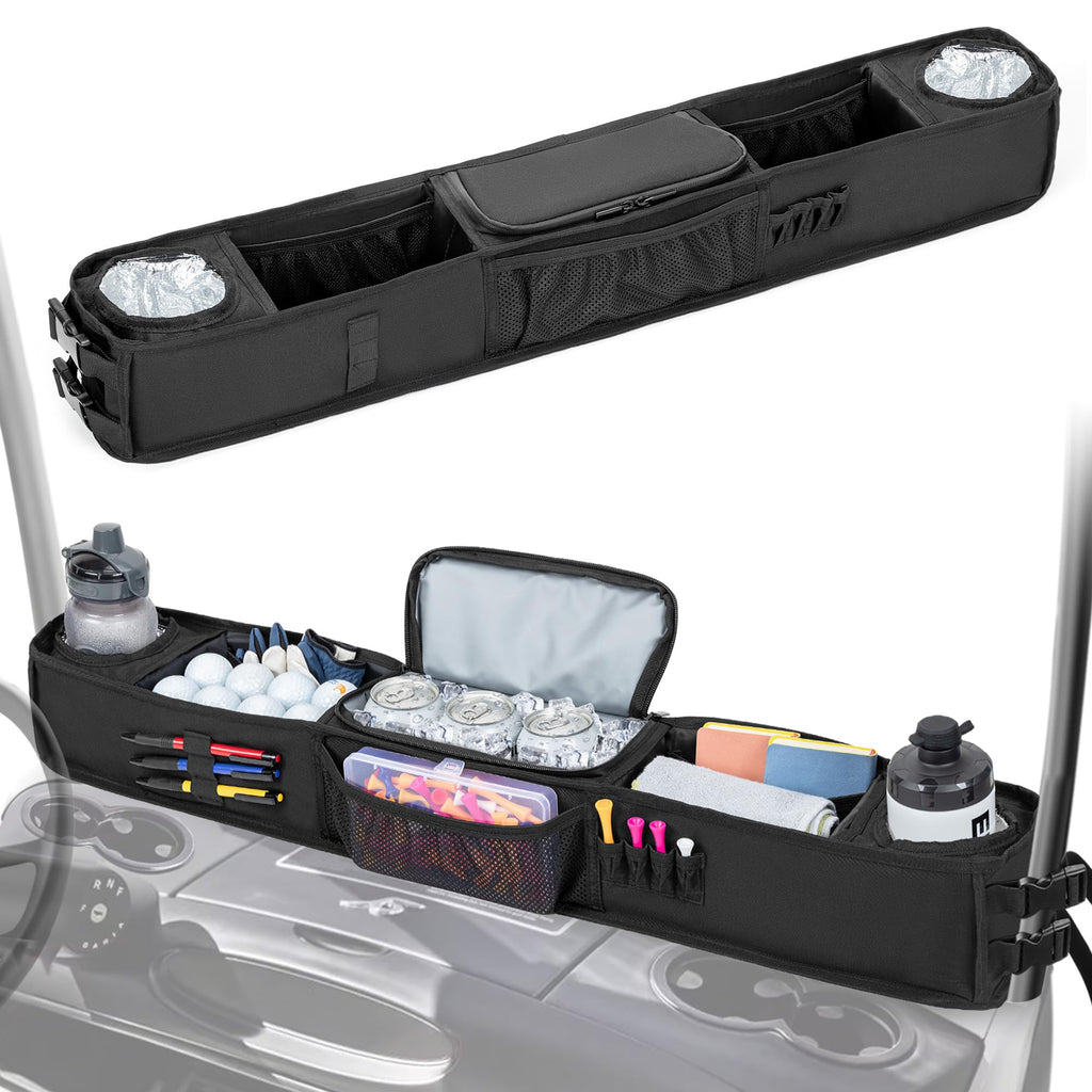 PGmoon Golf Cart Inner Storage Tray No-Drilling Golf Cart Front Storage Basket Compatible with EZGO Drive Club Car Kandi Golf Cart Golf Cart Tray Organizer with Cooling Compartment (Patent Design)