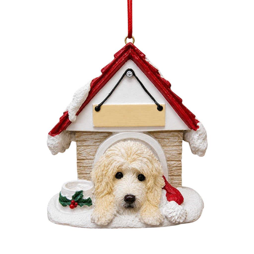 Ceramic Doghouse Ornament - Labradoodle Cream
