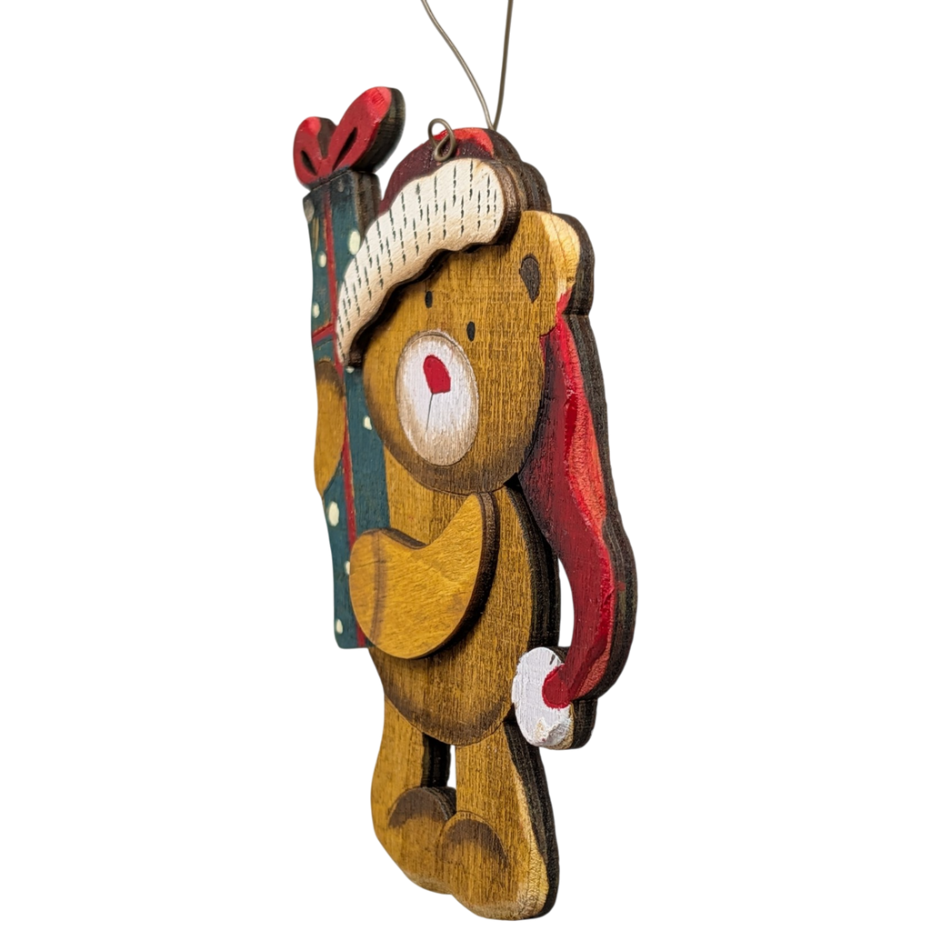 Teddy's Christmas Cheer: Hand-Painted Plywood Ornament