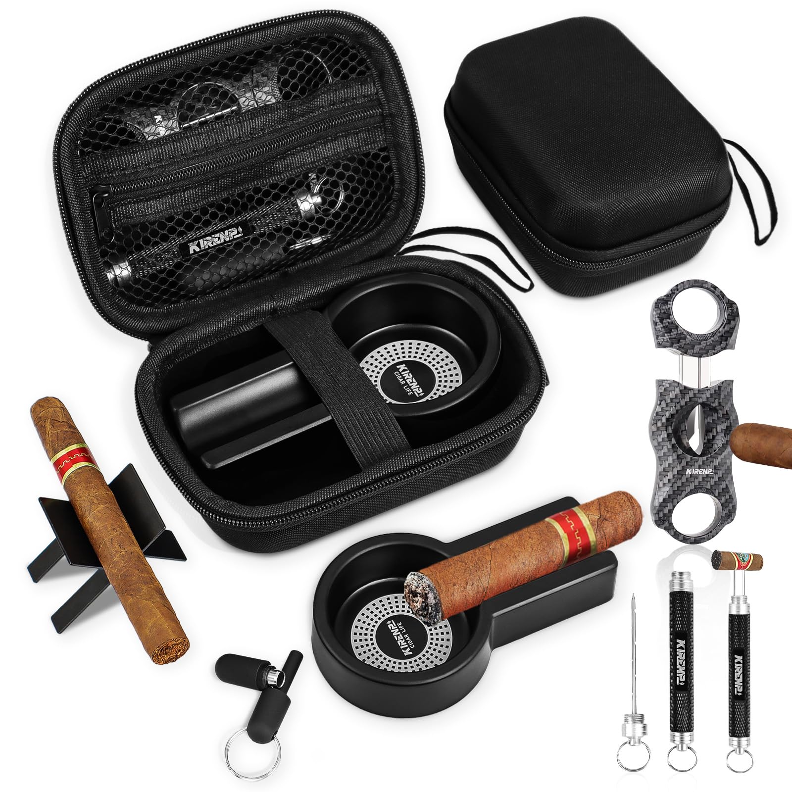Multifunctional Cigar Accessories 5-in-1 Kit - V Cigar Cutter Cigar Draw Enhancer Tool Cigar Ashtray Cigar Holder Cigar Punch with Accessory Bag for Smoking Travel Outdoor Cigar Gifts for Men