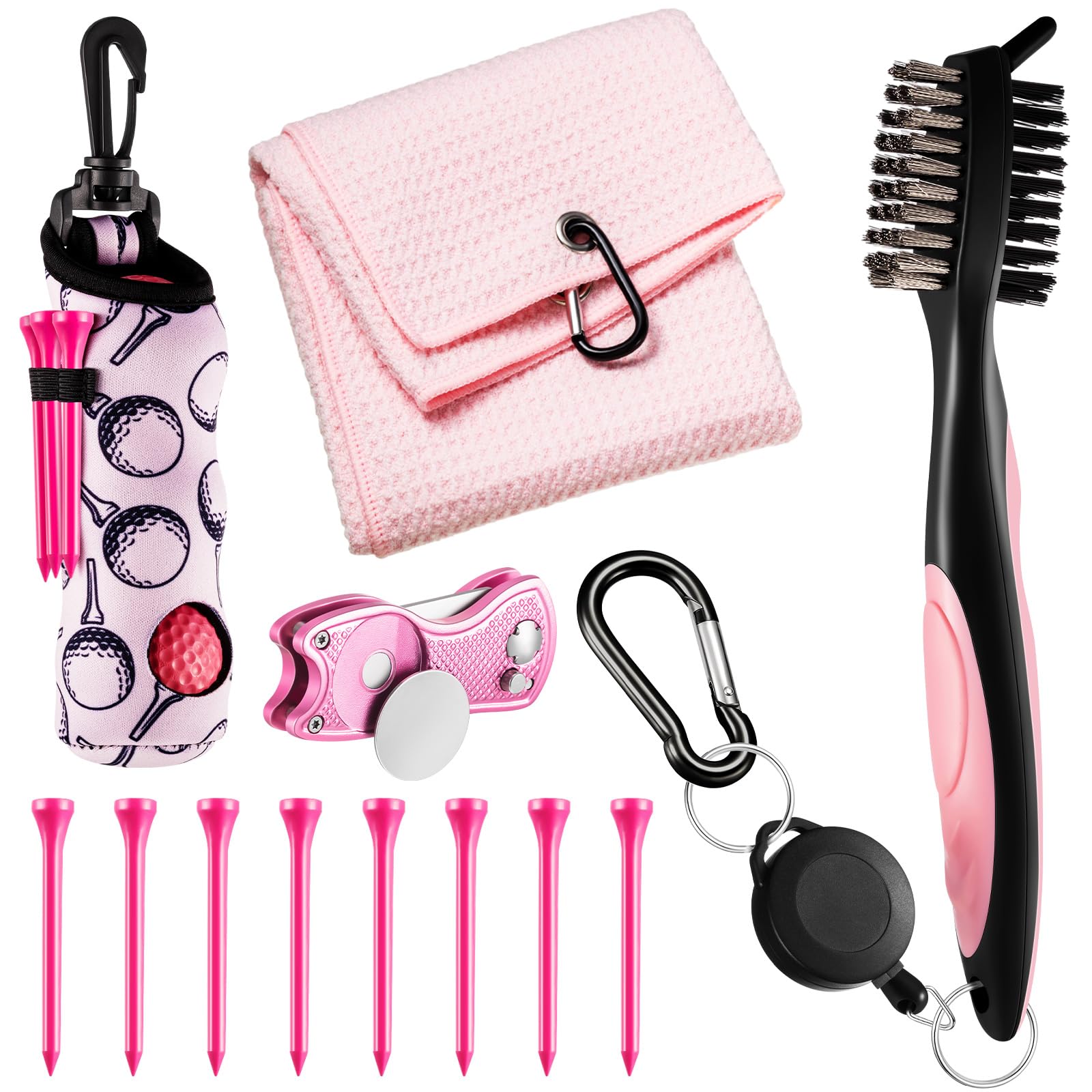 Liliful 12 Pcs Golf Accessories Kit Include Golf Tees Golf Towel Golf Ball Bag with Hook Cleaner Brush Divot Tool with Magnetic Ball Marker for Women Man Golf Gifts(Pink)