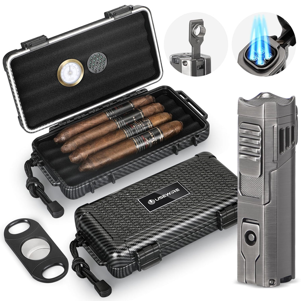 USEWIRE Cigar Travel Humidor and Cigar Lighter Set Portable Travel Cigar Case with Humidifier Hygrometer Cigar Lighter Cigar Cutter Travel Humidor Holds 4-5 Cigars Cigar Gift Set (Carbon Fiber)