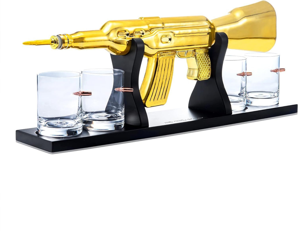 AK Gold Whiskey Decanter Set With 4 Bullet Whiskey Glasses - The Wine Savant Gift For Fathers Uncles Sons - Veteran Gifts Military Gift Home Bar Gift