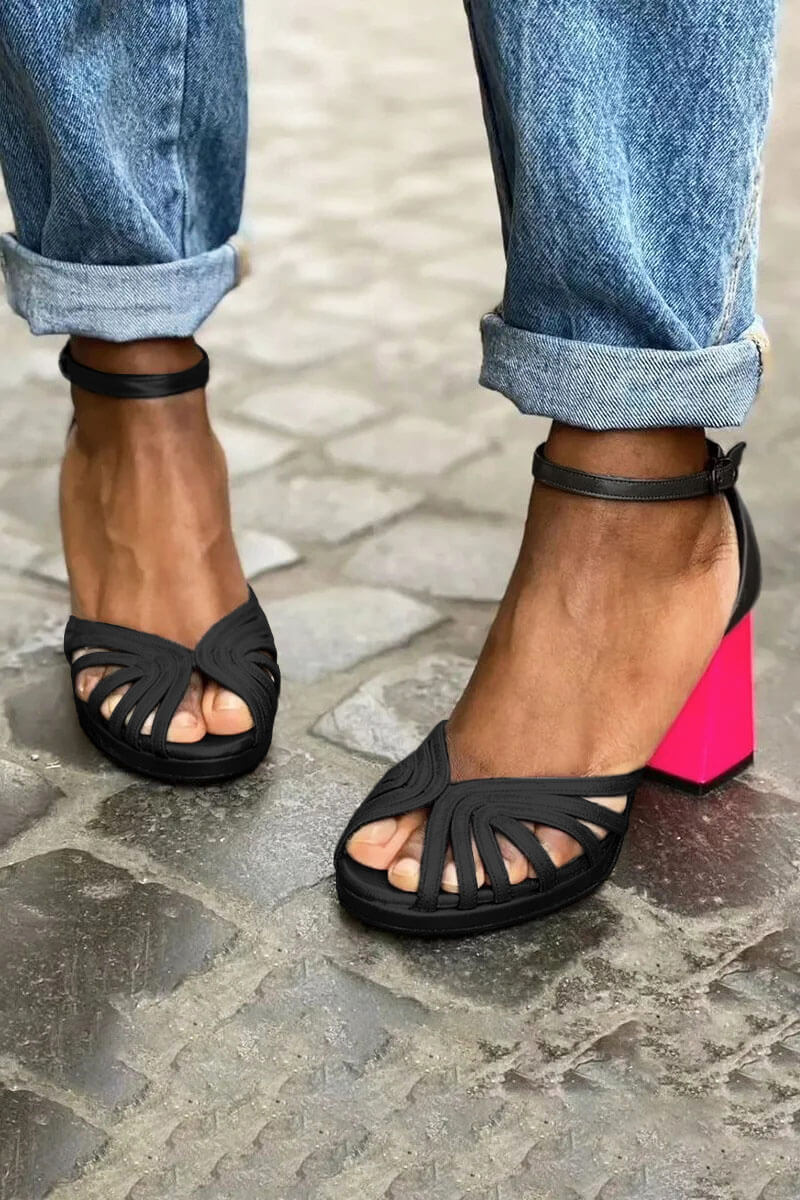 Women's Metallic Block Heel Peep Toe Buckle Sandals