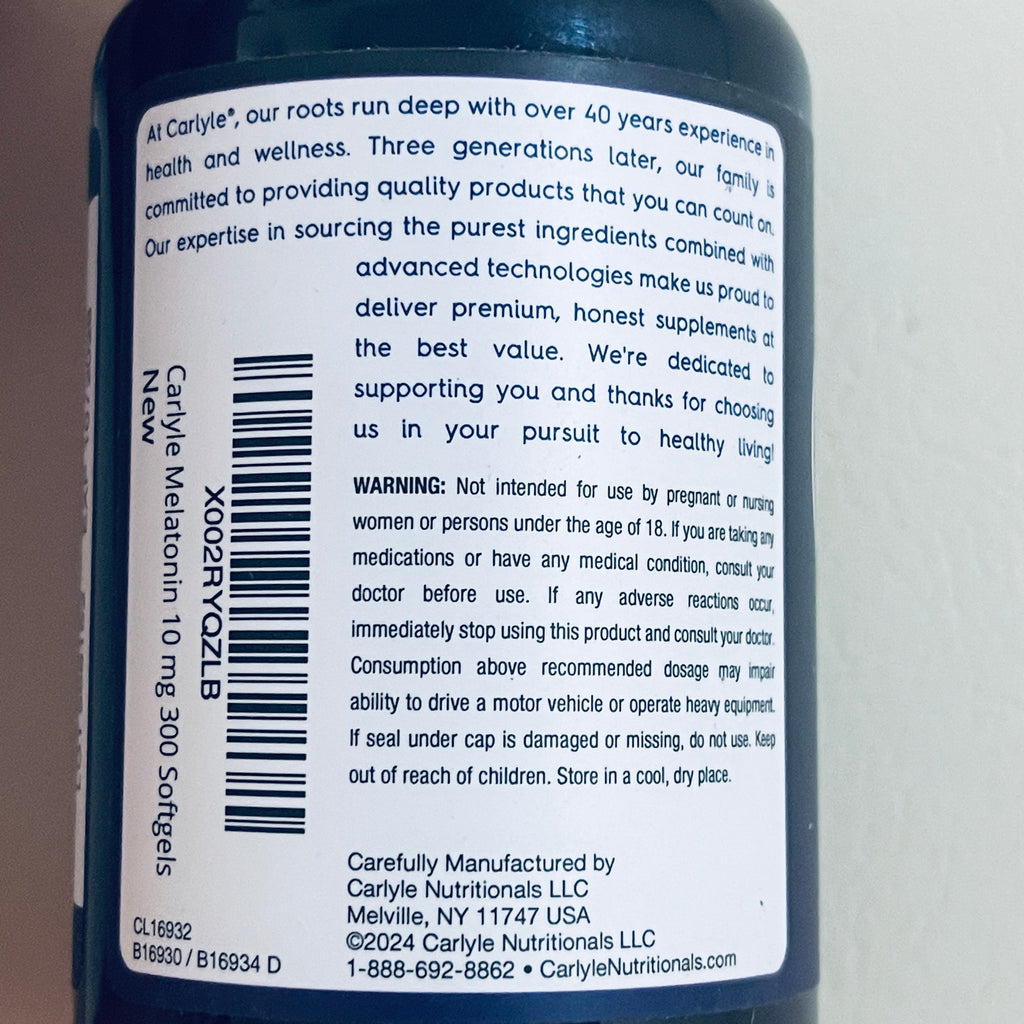 Carlyle Extra Strength Melatonin 10 mg, 300 Softgels, EXP 10/2028