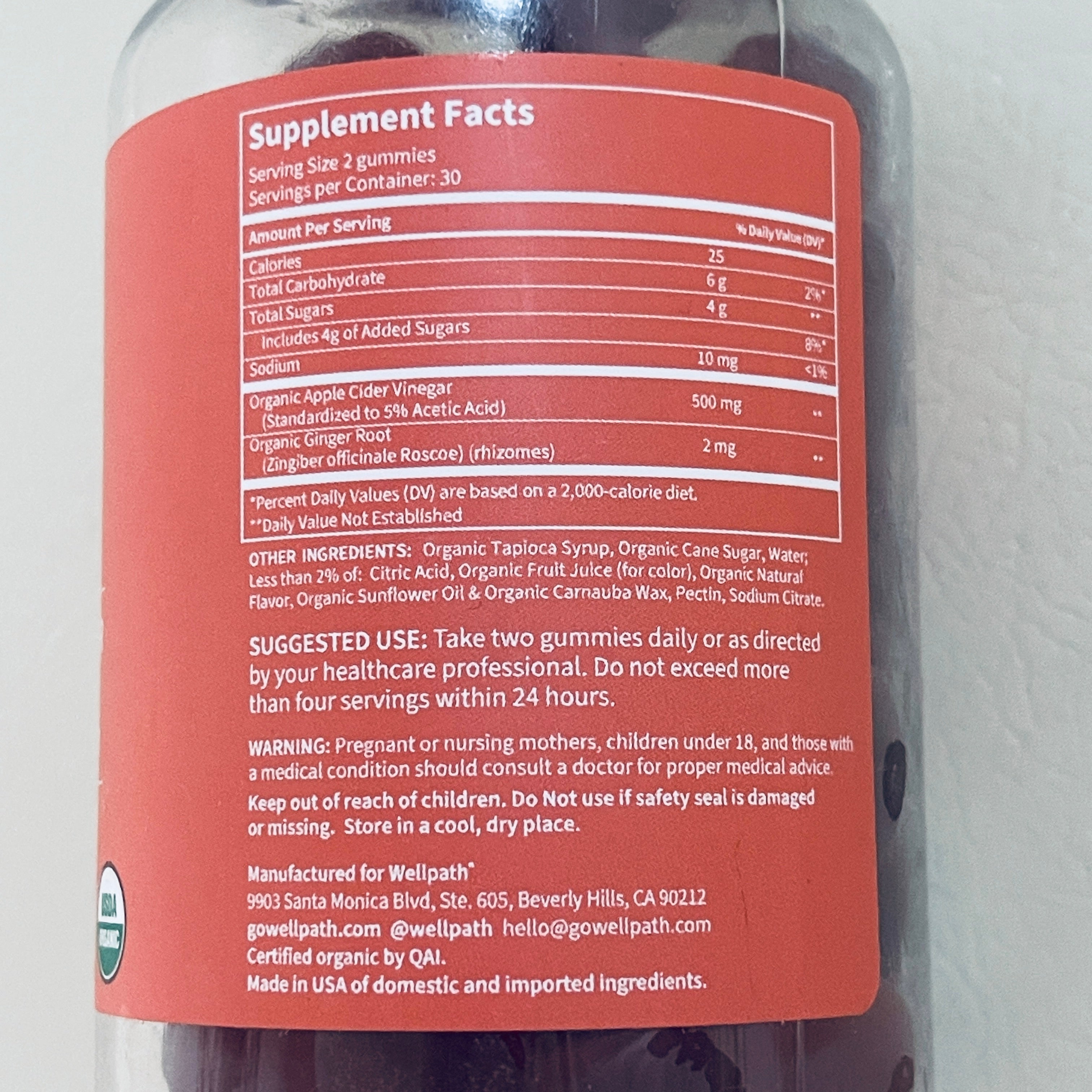 WellPath pure Organic Apple Cider Vinegar Gummies with Ginger, 60 Gummies, EXP 09/2027