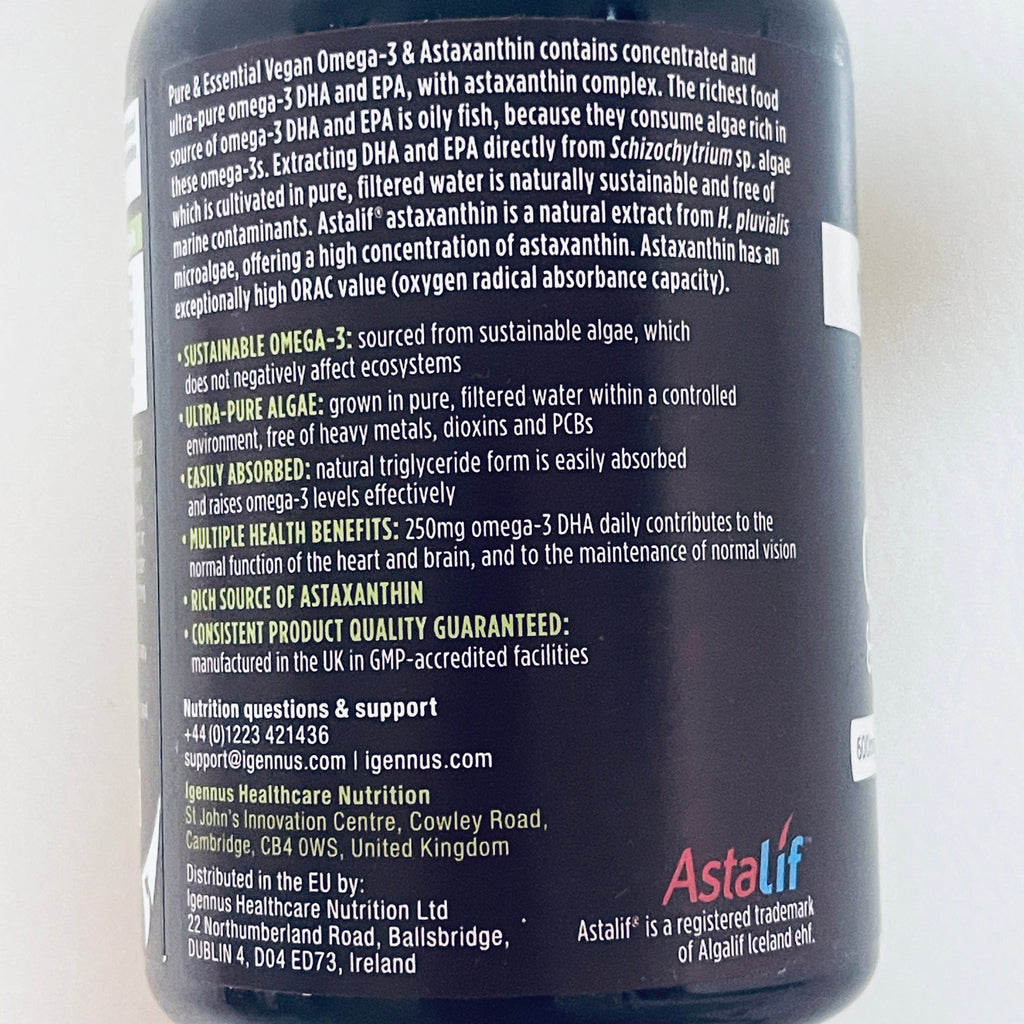 Igennus Pure & Essential Concentrated Vegan Omega-3 & Astaxanthin, 180 Softgels, BB 06/2028
