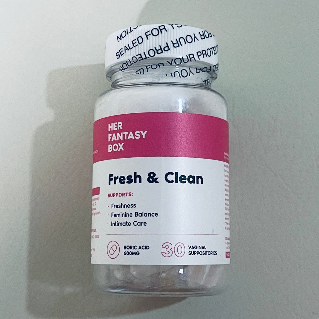 Her Fantasy Box Fresh & Clean Boric Acid 600 mg, 30 Suppositories, EXP 04/2029