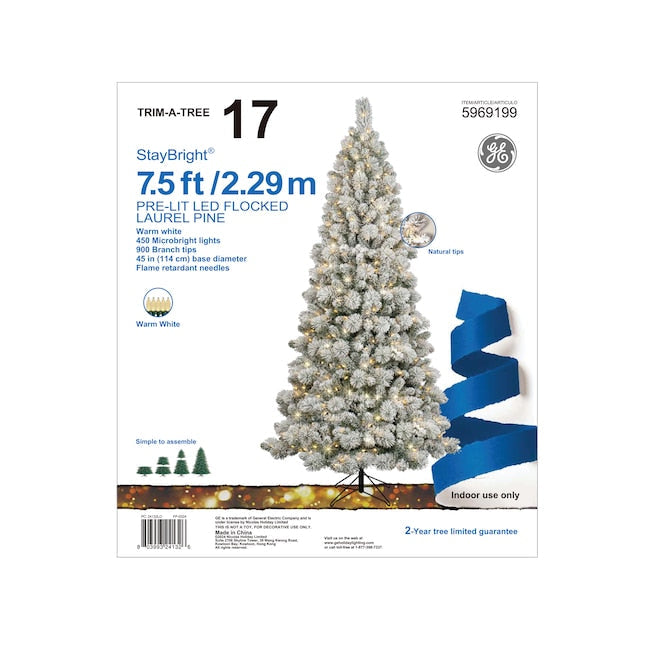 Laurel Pine Flocked Tree with White LED Lights - 7.5 Foot