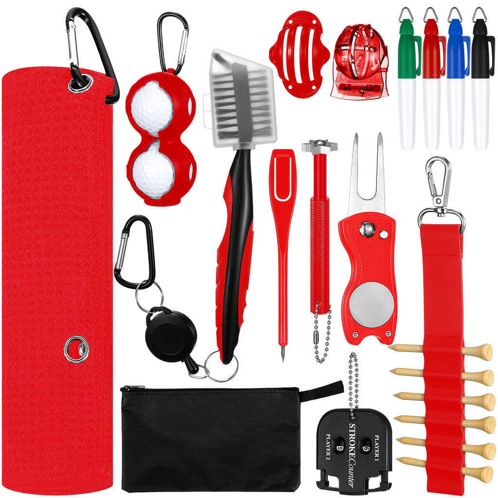 Syhood 21 Pcs Golf Club Cleaning Kit Golf Accessories Golf Brush Towel Groove Sharpener Divot Repair Tool Golf Ball Alignment Kit Gift for Christmas Portable Golf Tool Kit for Men or Women(Red)