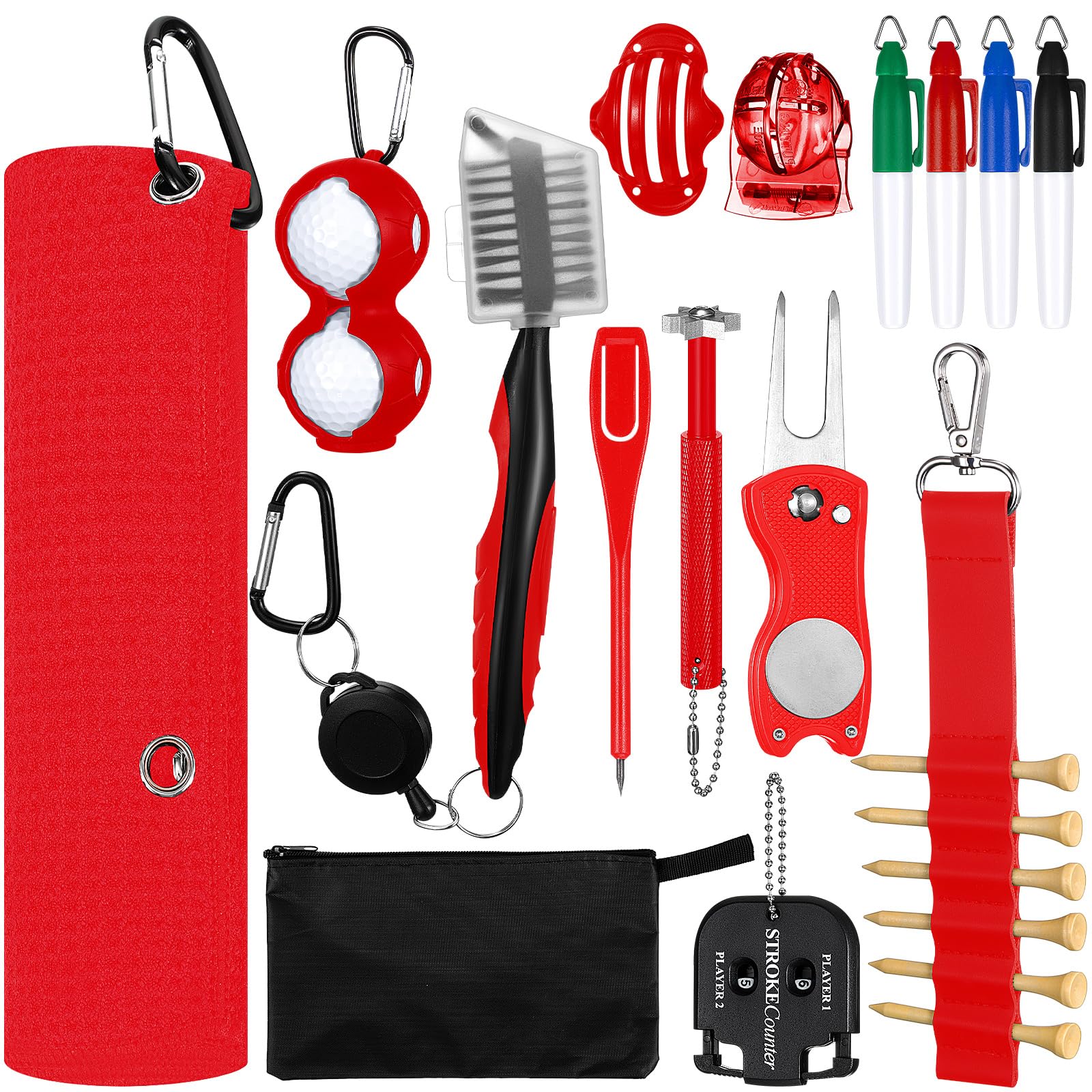 Syhood 21 Pcs Golf Club Cleaning Kit Golf Accessories Golf Brush Towel Groove Sharpener Divot Repair Tool Golf Ball Alignment Kit Gift for Christmas Portable Golf Tool Kit for Men or Women(Red)