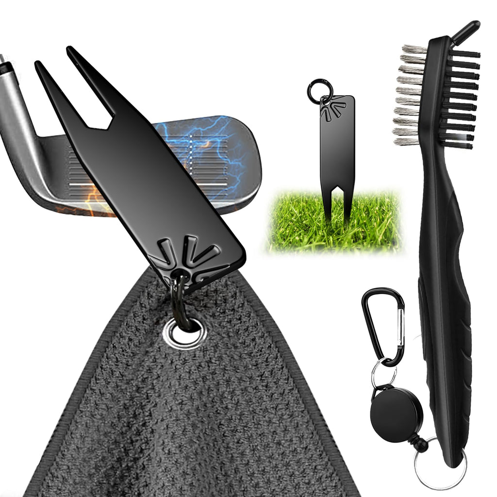 Pokfce Magnetic Golf Towel Set with Magnetic Golf Divot Tool & Golf Nylon Brush Waffle Pattern Microfiber Golf Towel for Golf Carts and Bags Golf Accessories for Men and Women Easy Attach to Clubs
