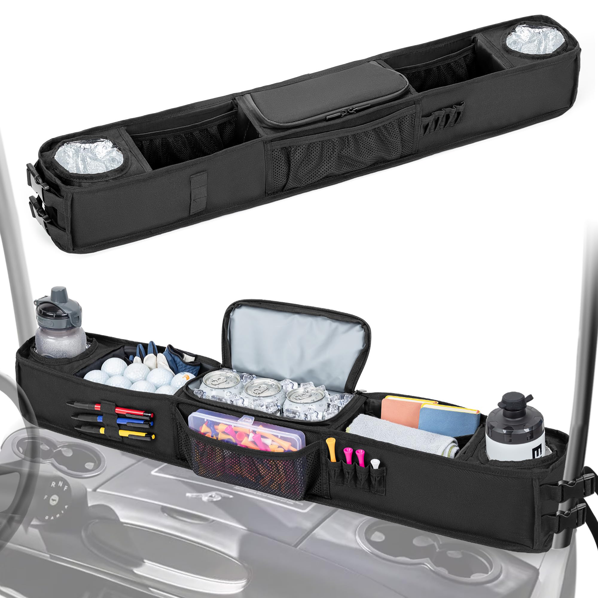 PGmoon Golf Cart Inner Storage Tray No-Drilling Golf Cart Front Storage Basket Compatible with EZGO Drive Club Car Kandi Golf Cart Golf Cart Tray Organizer with Cooling Compartment (Patent Design)