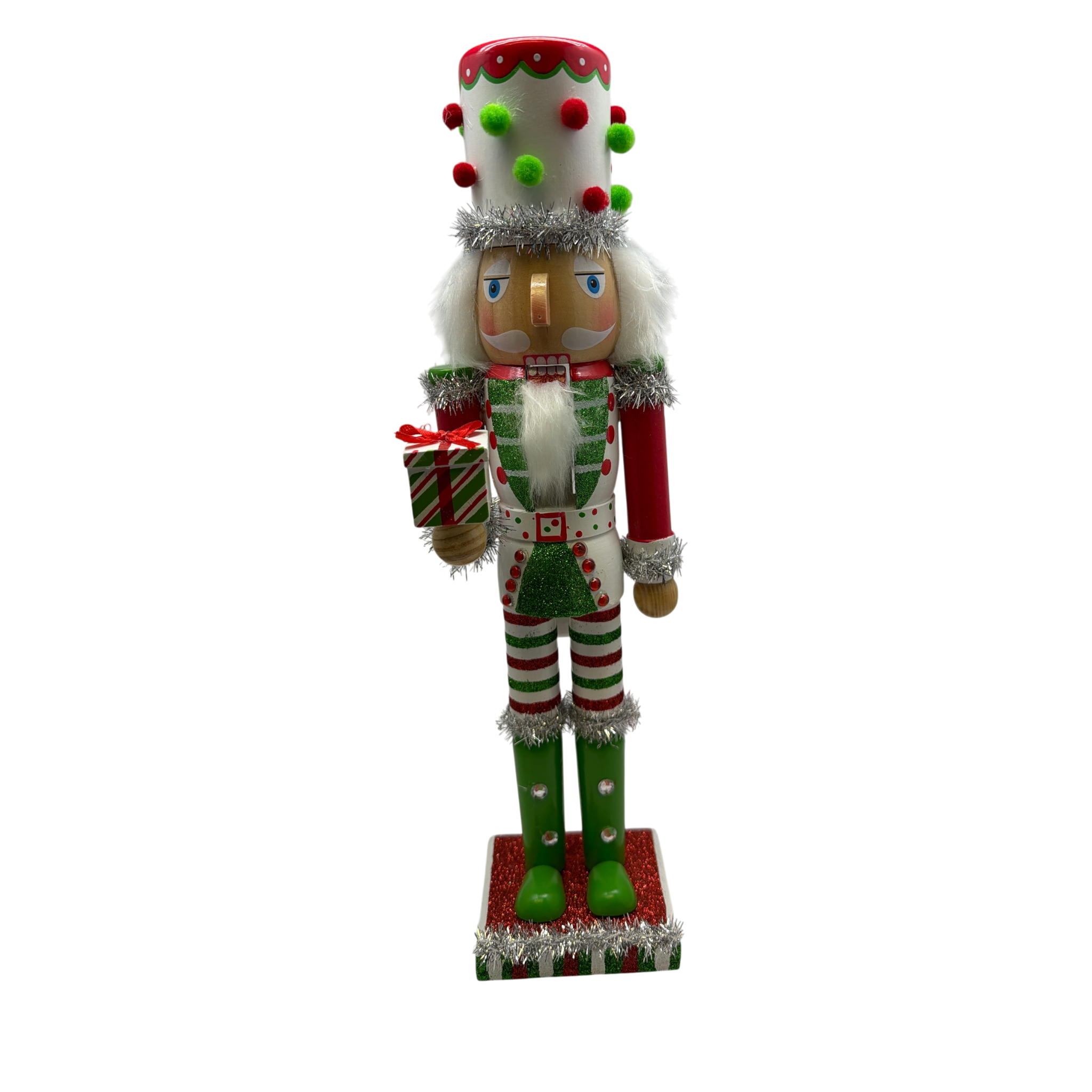 Red White and Green Nutcracker With Polka Dot Pom Pom Hat