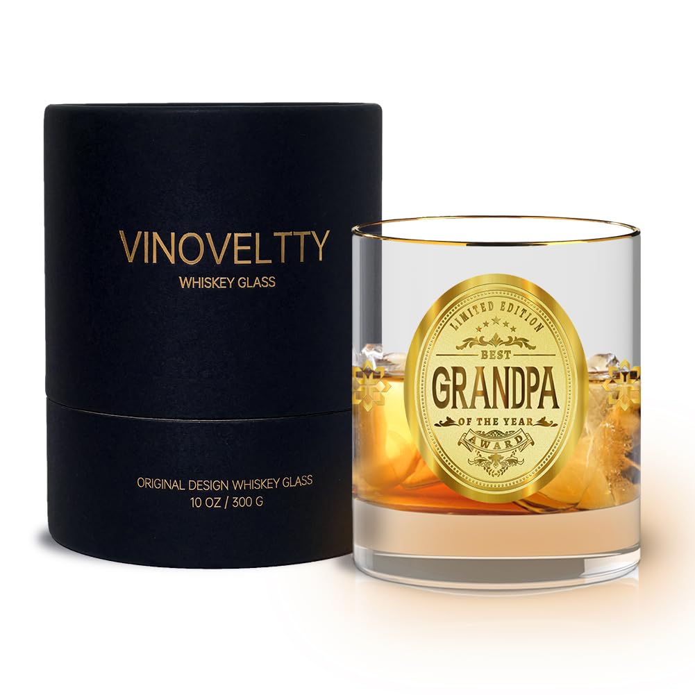 Vinoveltty Best Grandpa of the Year Whiskey Glasses Personalized Whiskey Gifts for Grandpa Grandfather Gifts Christmas Gifts Birthday Gifts for Grandad Bourbon Glass for Grandfather(300ML)