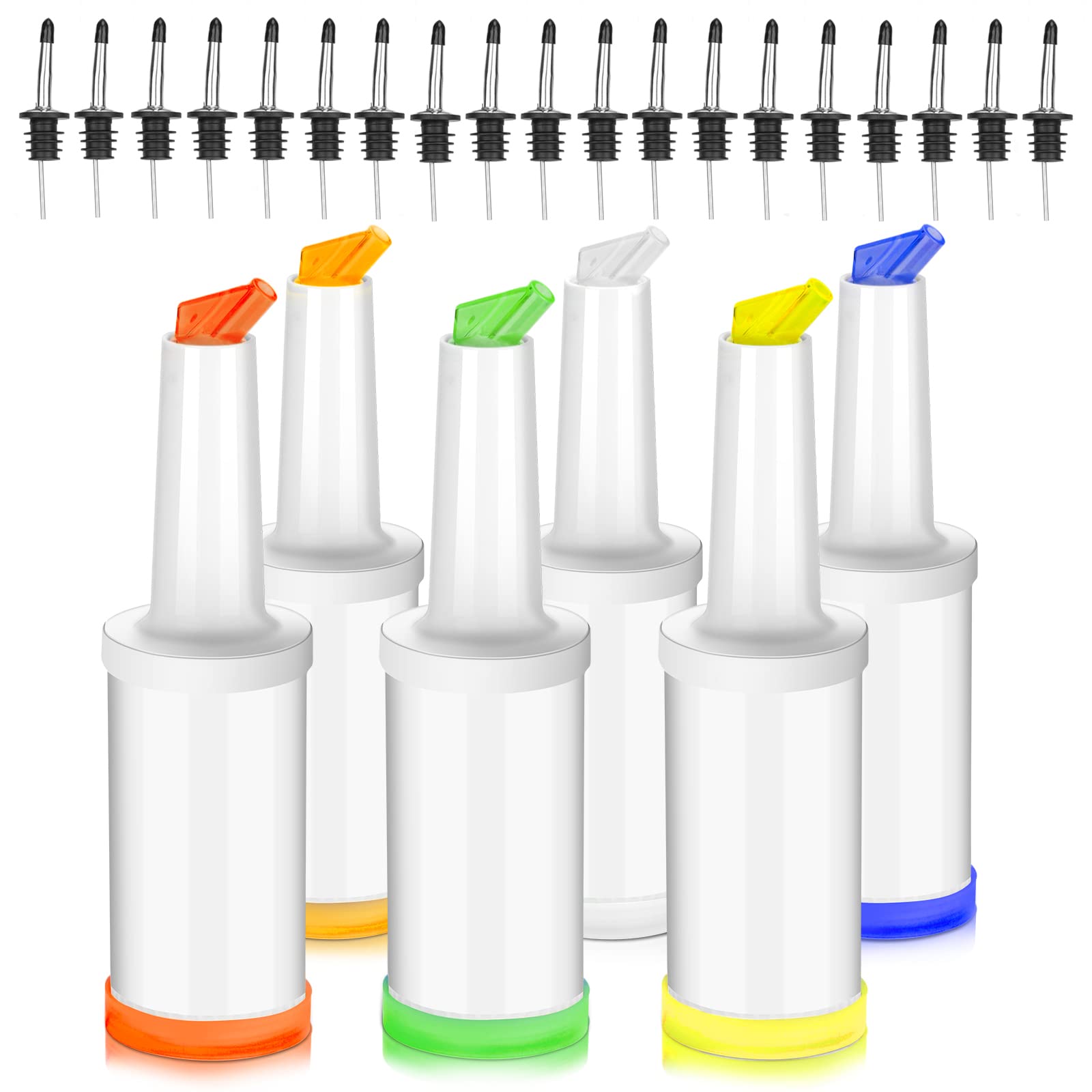 6 Pcs Juice Pour Bottles & 20 Pcs Pourers Bar Supplies Liquor and Juice Pouring Bottles and Containers Plastic Juice Pour Bottles Stainless Steel Liquor Bottles Pourers for Home Kitchen Party Bar
