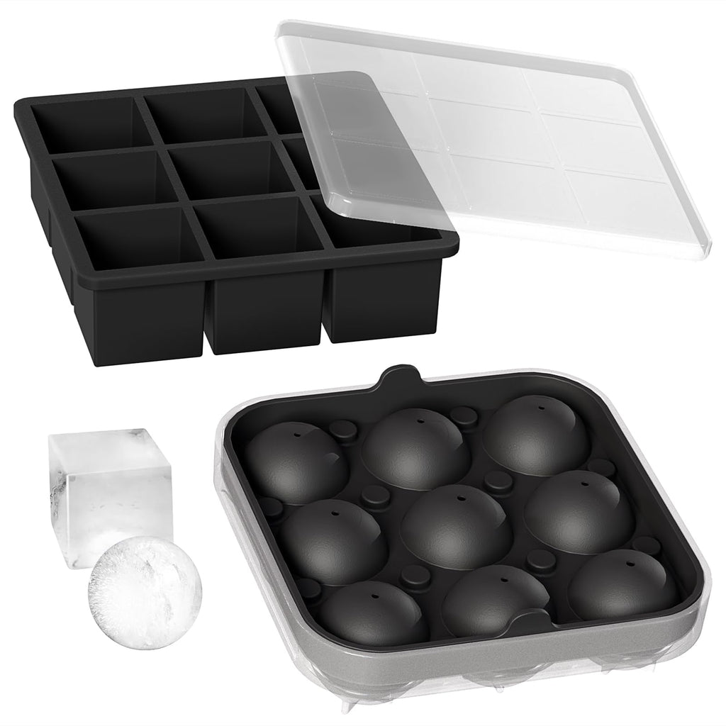 Wanderworld Ice Tray Combo Silicone Reusable 2 inch Big Ice Freezer Mold 9 Cubes& 9 Sphere Ice Maker tray with lid for Whiskey 2 pack.