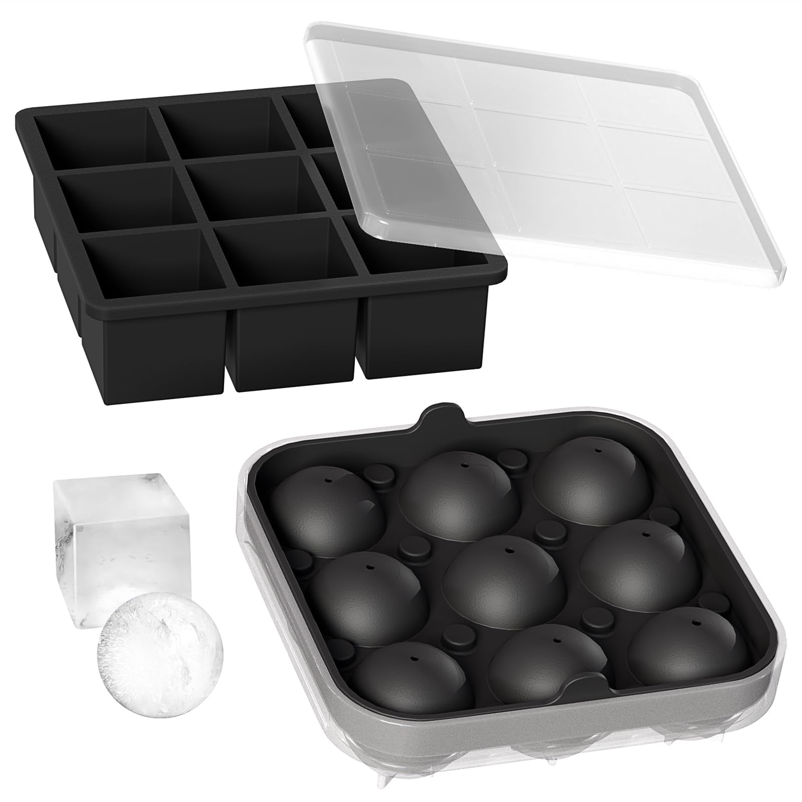 Wanderworld Ice Tray Combo Silicone Reusable 2 inch Big Ice Freezer Mold 9 Cubes& 9 Sphere Ice Maker tray with lid for Whiskey 2 pack.