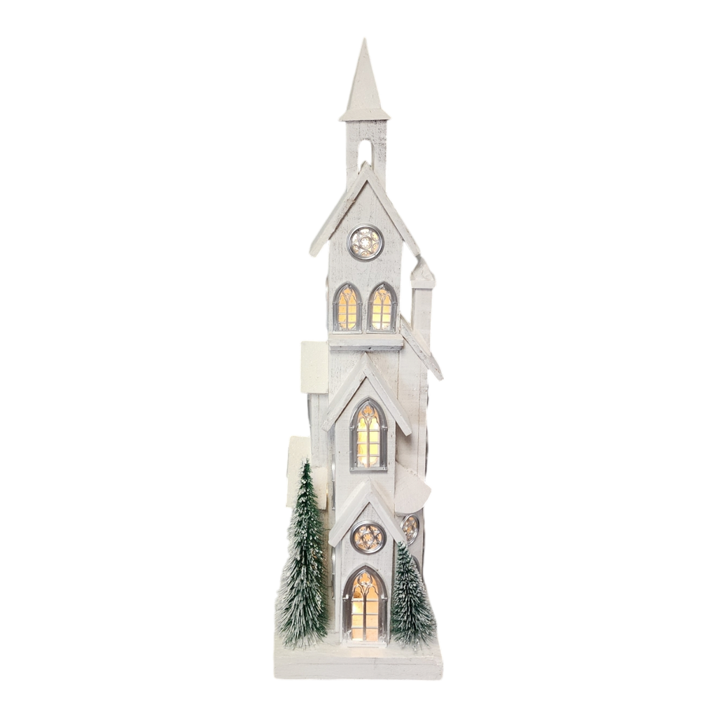 Lighted White Wood Church - 34.4 Inch