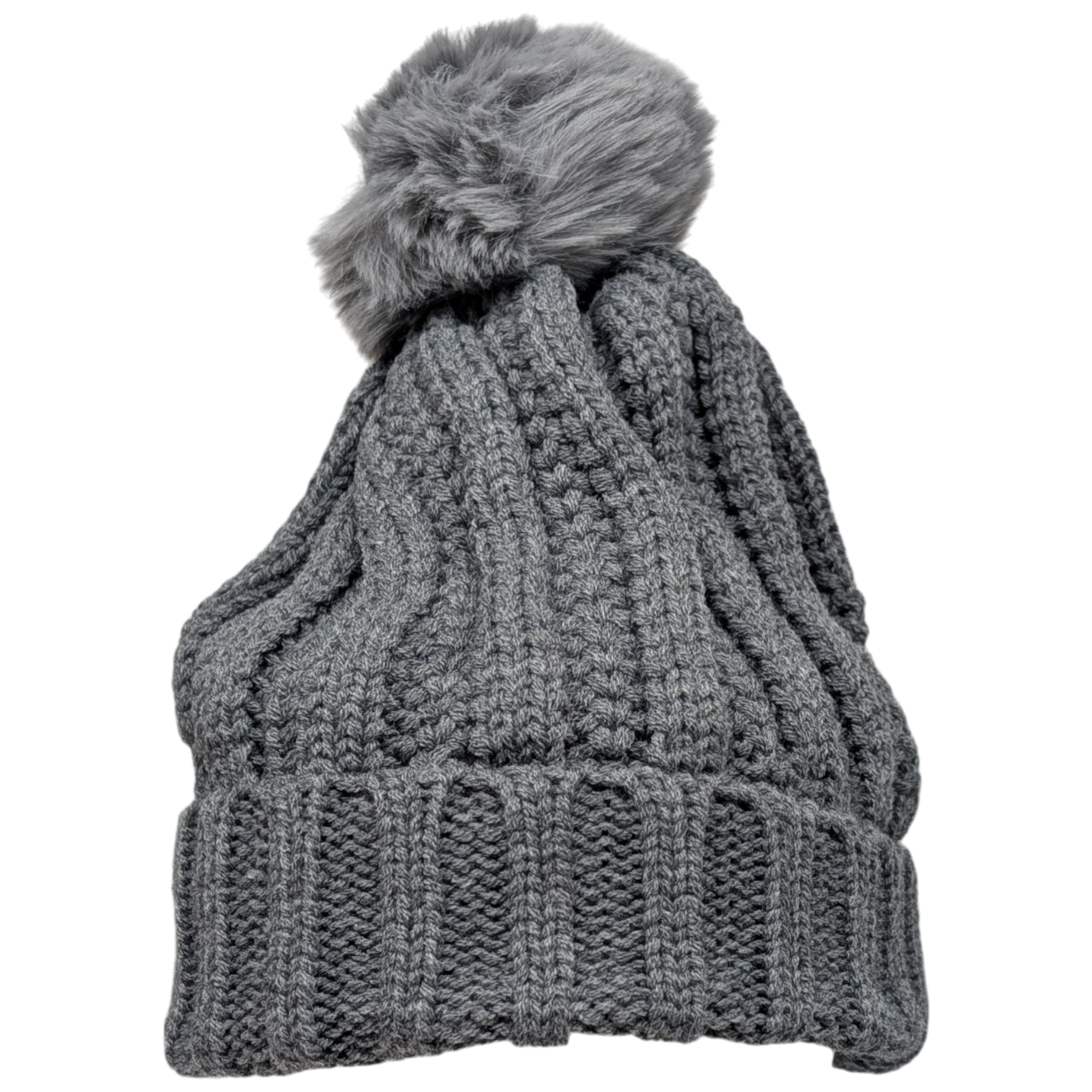 Knit Hat With Three Interchangeable Poms - Grey