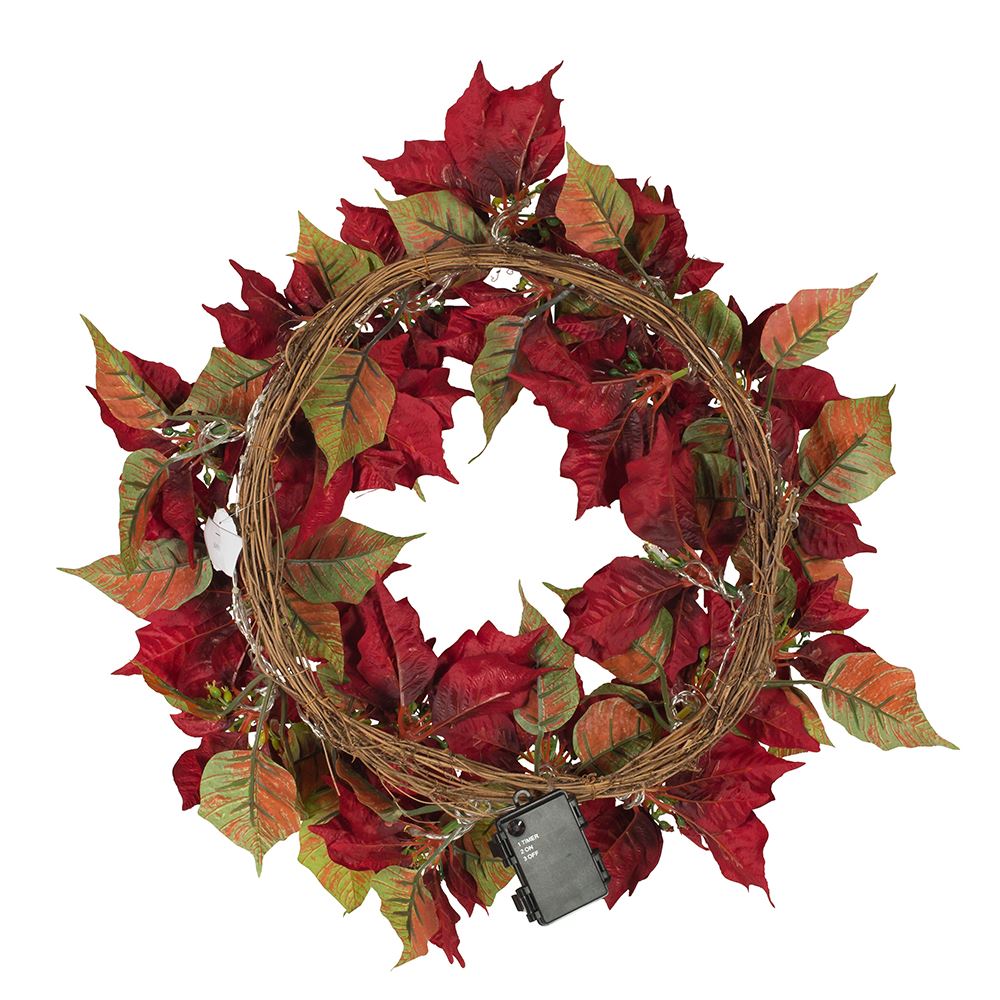 24" Battery-Operated Pre-Lit Red Poinsettia Wreath
