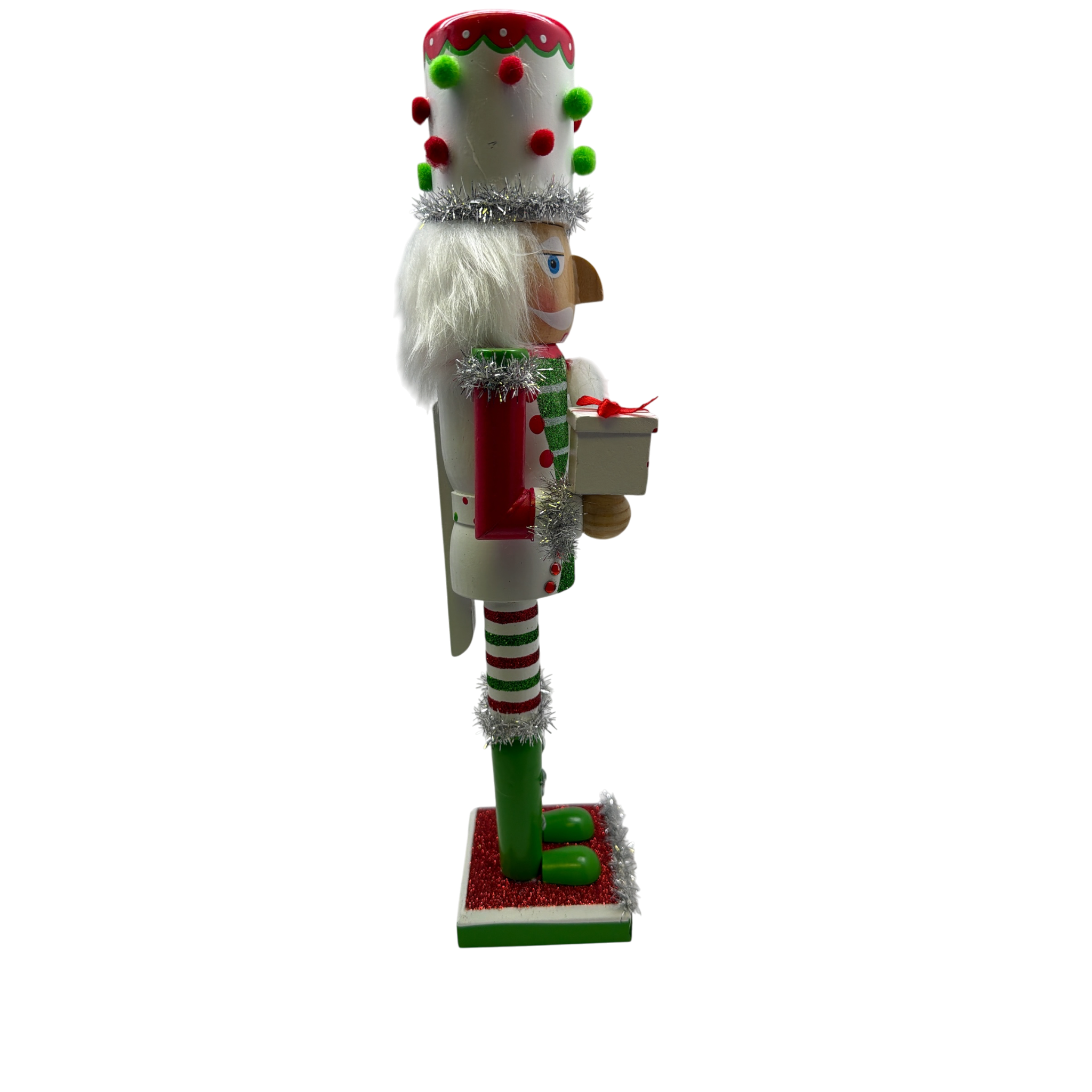 Red White and Green Nutcracker With Polka Dot Pom Pom Hat