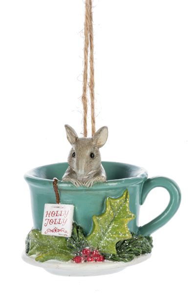 Holiday Mouse With Teacup Ornament - Holly Jolly