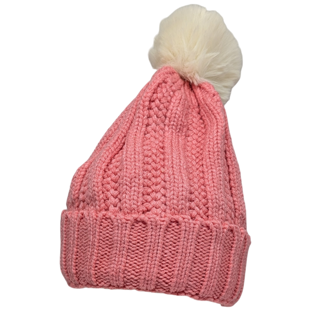 Knit Hat With Three Interchangeable Poms - Rose Pink