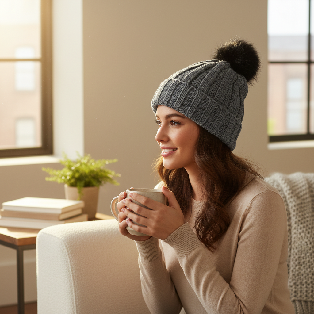 Knit Hat With Three Interchangeable Poms - Grey